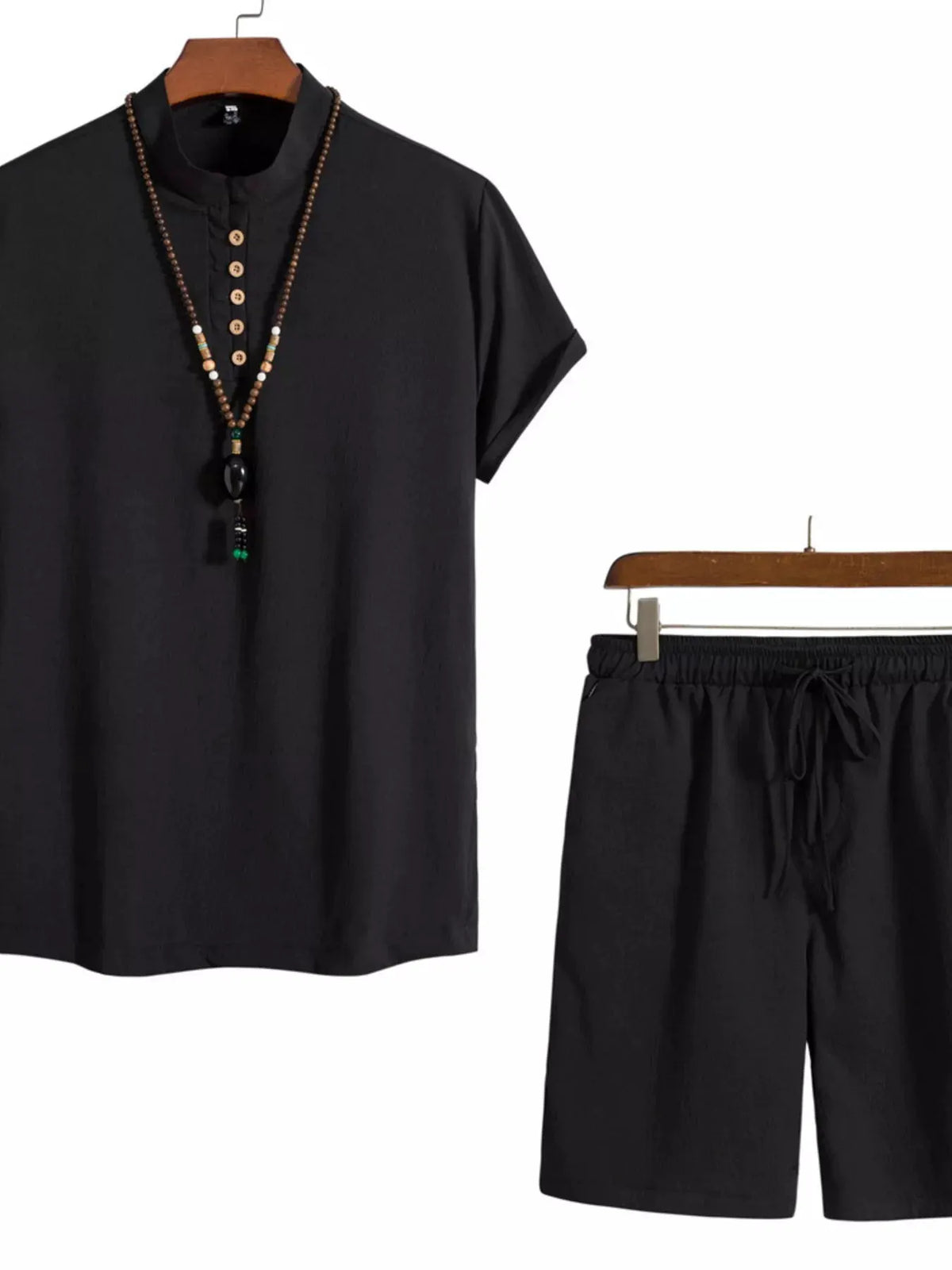 Men's Plus Size Casual Mandarin Collar Short Sleeve Shirt and Shorts Set by Trendsi