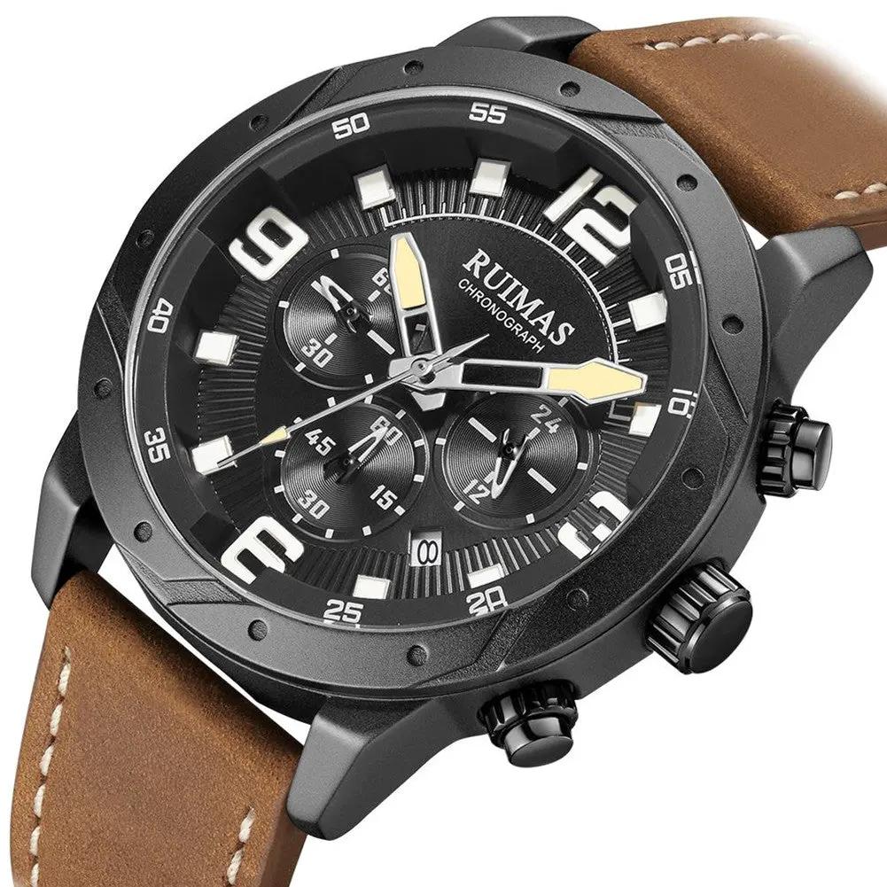 RUIMAS Relogio Masculino Fashion Men Quartz Watch Leather Sport Military Wristwatch Waterproof Clock with Auto Date 595 by MEGIR WATCH GROUP