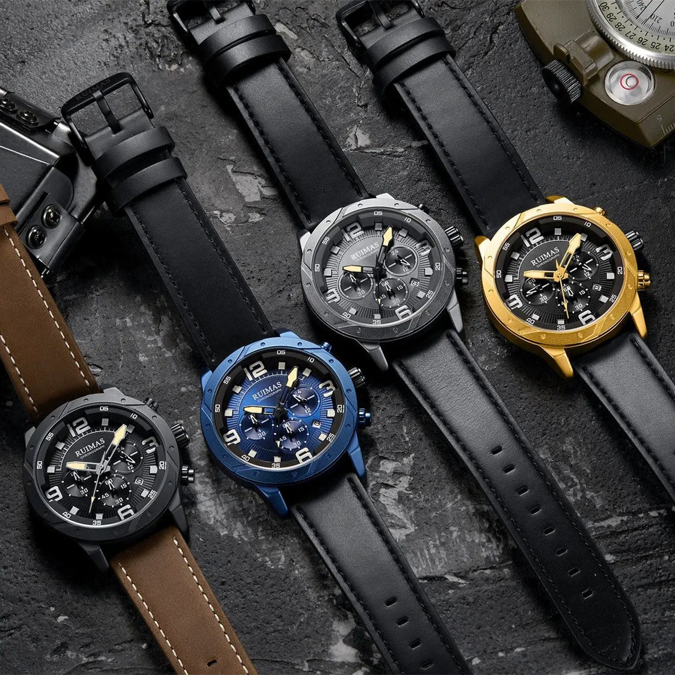 RUIMAS Relogio Masculino Fashion Men Quartz Watch Leather Sport Military Wristwatch Waterproof Clock with Auto Date 595 by MEGIR WATCH GROUP