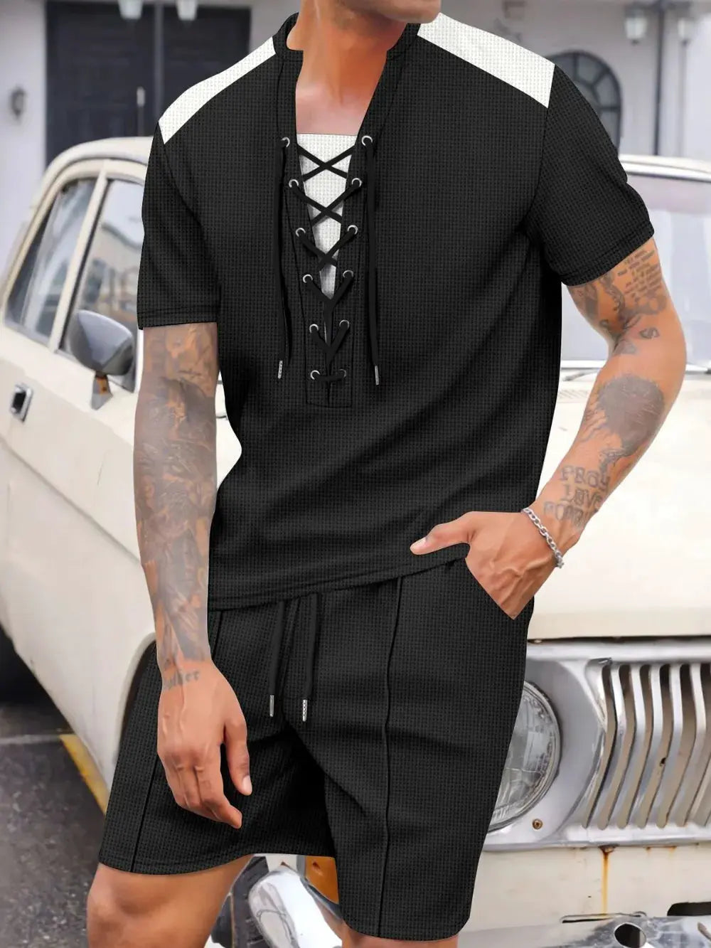 Men's Full Size Lace-Up Waffle Knit Top and Shorts Set Plus Size by Partner Label