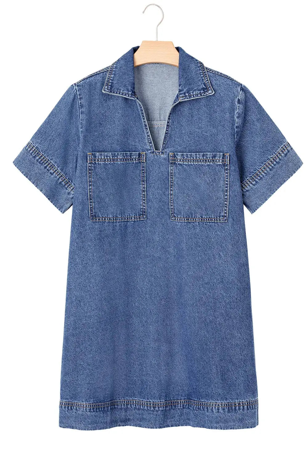 Short Sleeve Collared Patched Pocket Denim Mini Dress by Partner Label