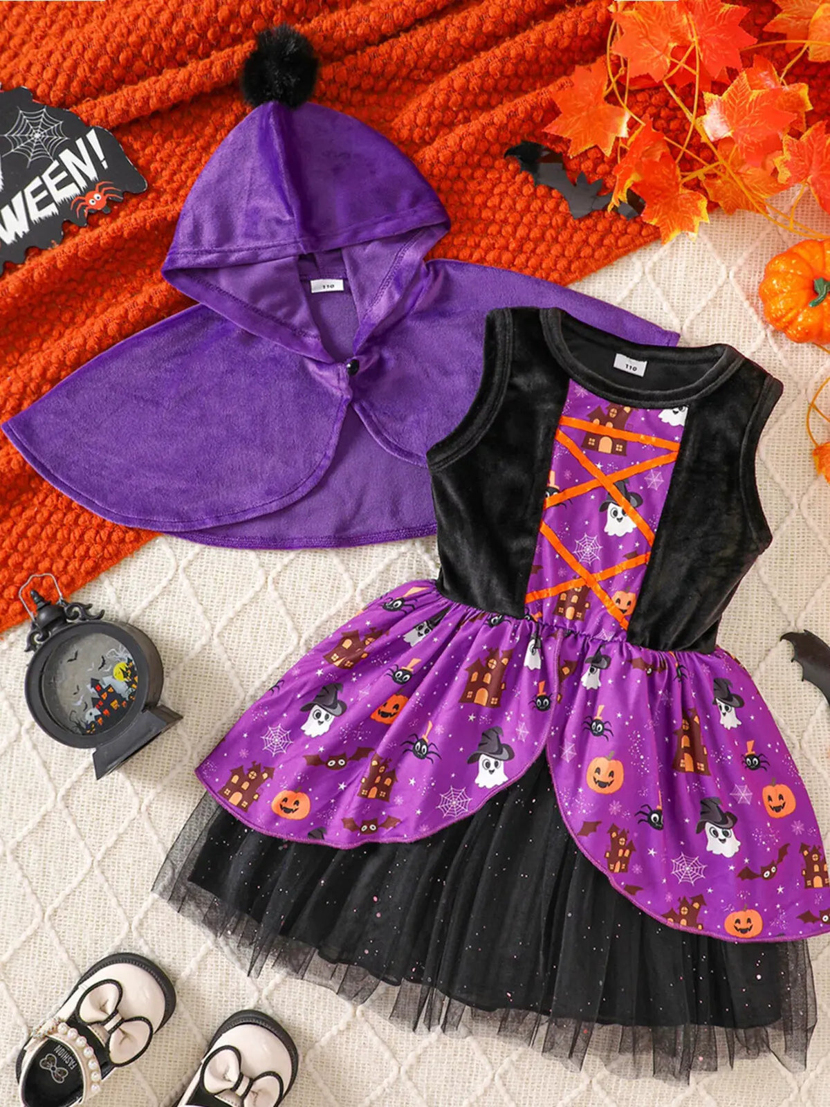 Children's Halloween Hooded Cape and Printed Dress Witch Costume Set by Trendsi