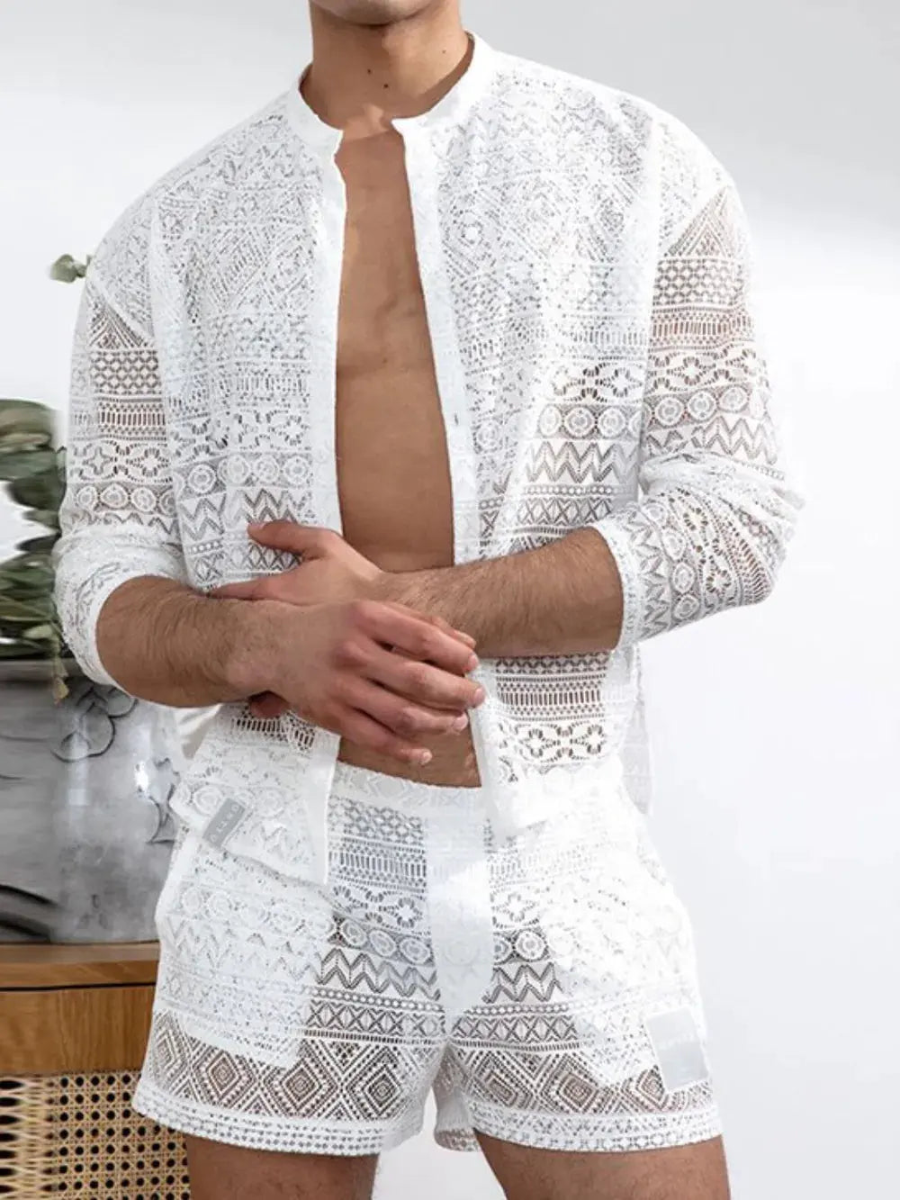 Men's Full Size Lace Button Down Top and Shorts Set Plus Size by Trendsi