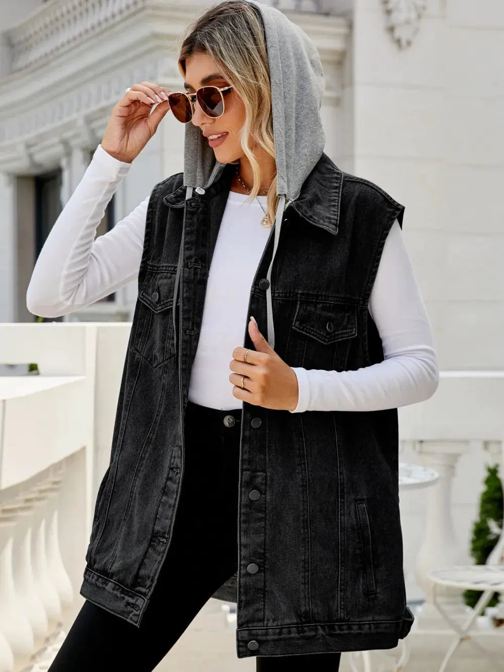 Drawstring Pocketed Button Up Sleeveless Denim Jacket by Partner Label