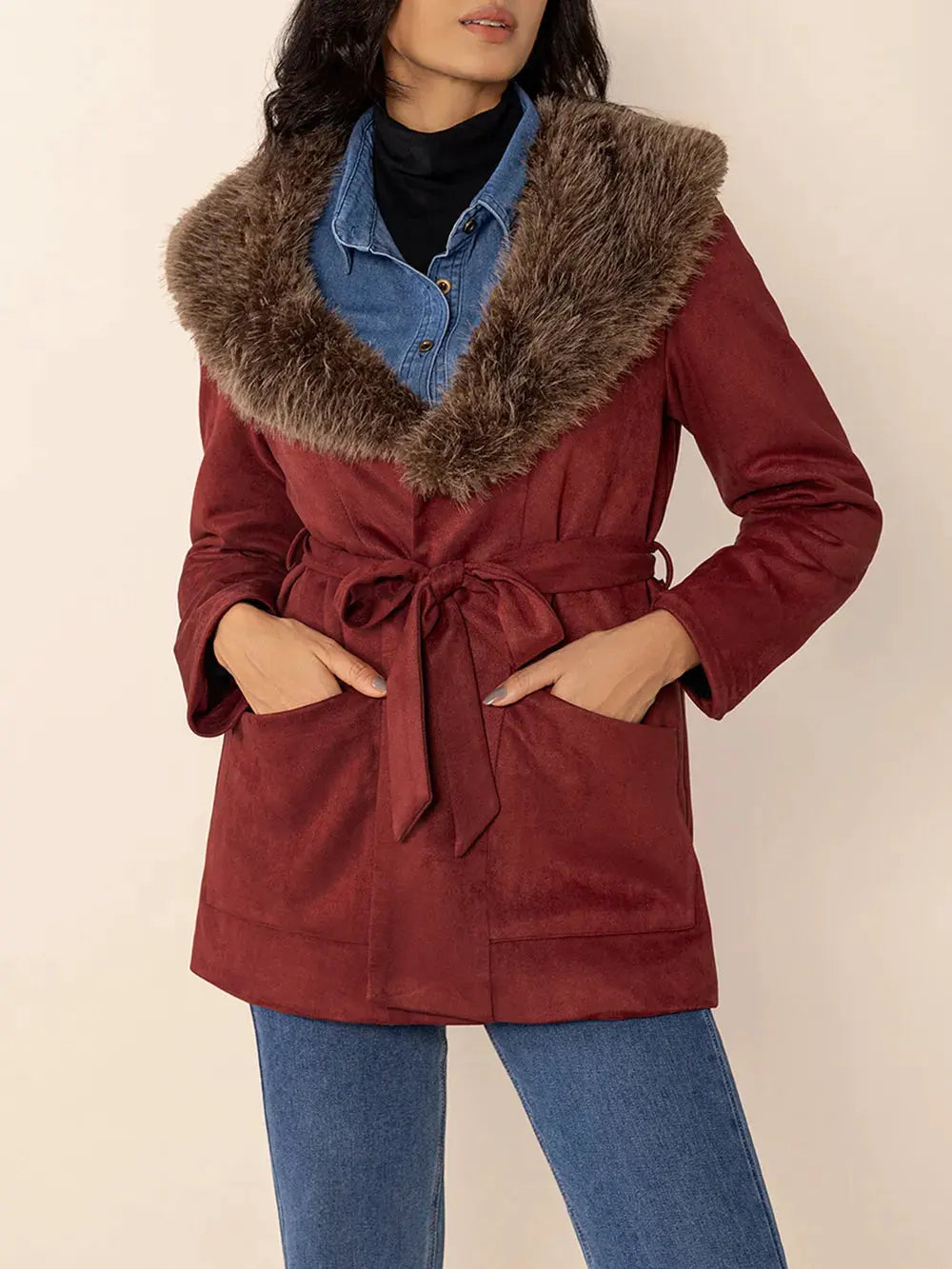 Fuzzy Collared Neck Tie Waist Jacket by Partner Label