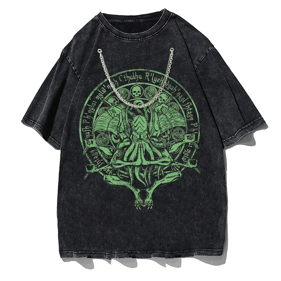 Vintage Green Cthulhu T-Shirt Men Oversized Streetwear Tee by Vimost Shop