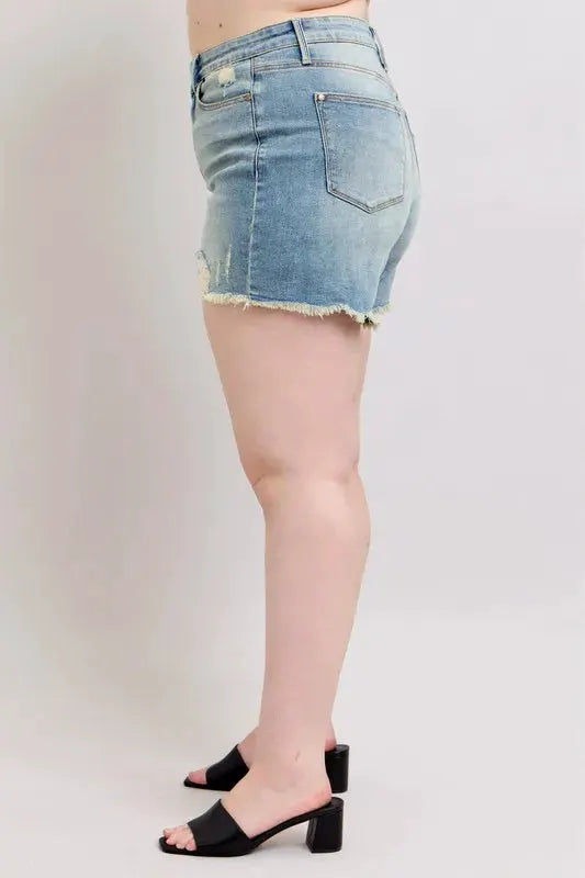 Judy Blue Plus Size High Rise Washed Fly Stitch Detail and Destroy Denim Shorts by Judy Blue