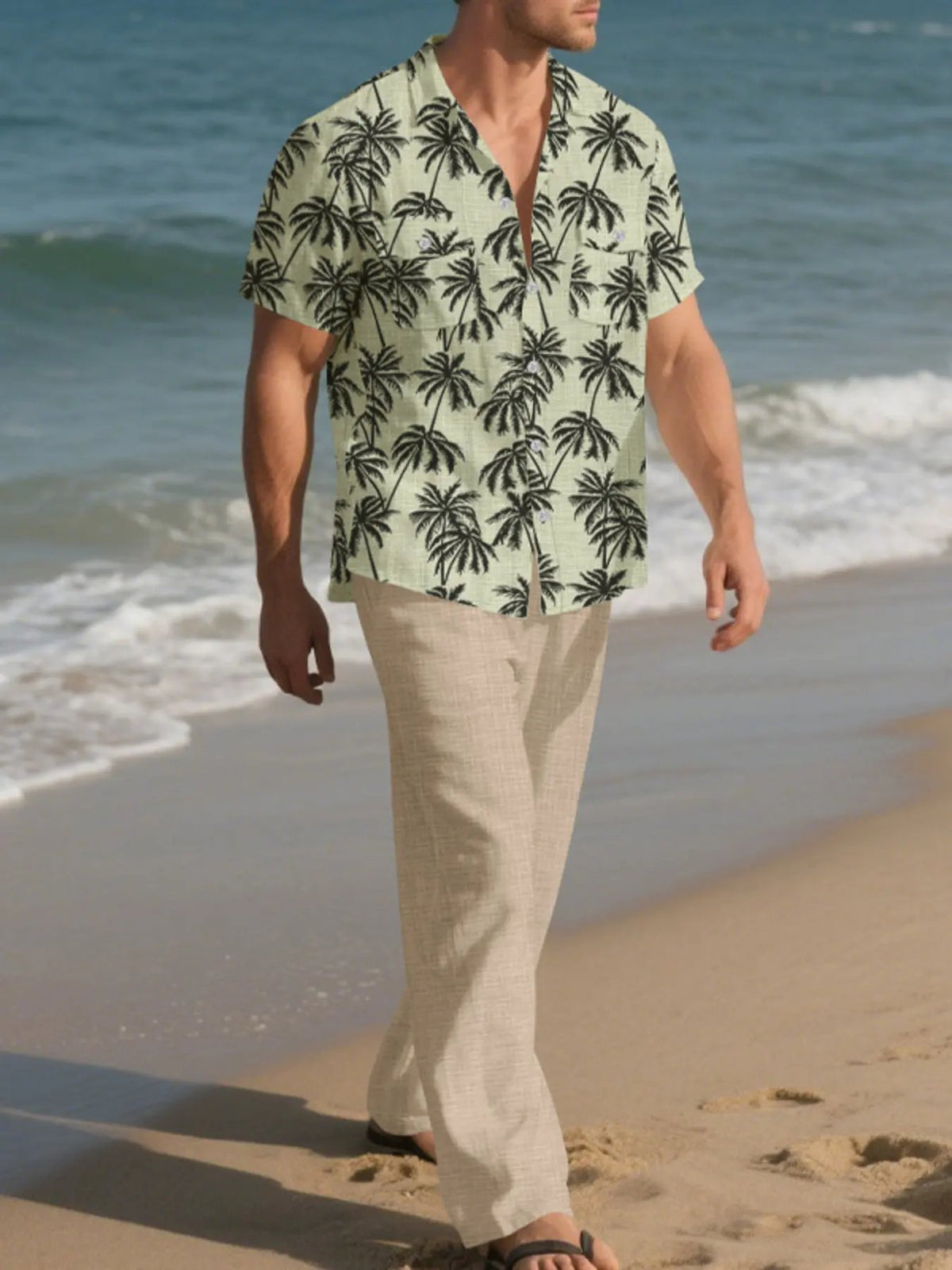 Men's Full Size Tropical Palm Print Button Up Shirt and Pants Set Plus Size by Trendsi