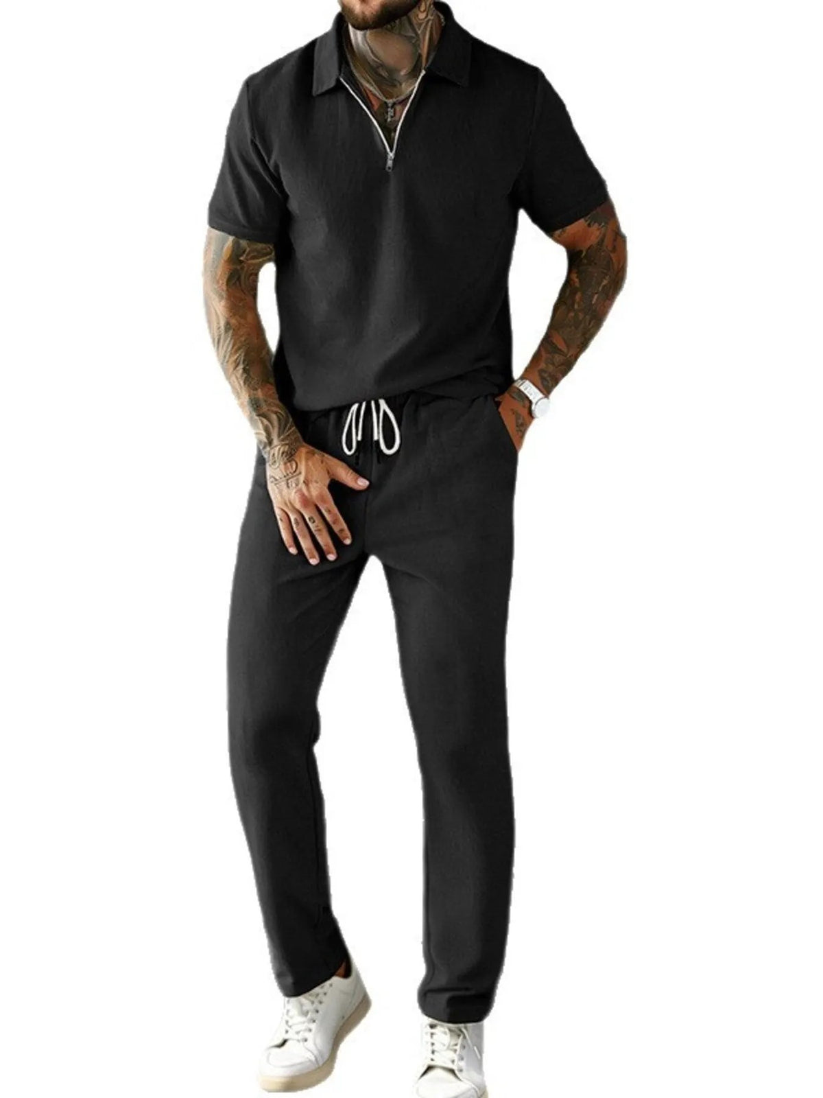 Men's Full Size Casual Zipper Polo Shirt and Drawstring Pants Set Plus Size by Trendsi