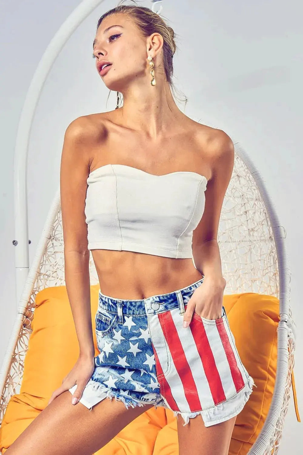 BiBi US Flag Theme Bleached Denim Shorts by BiBi