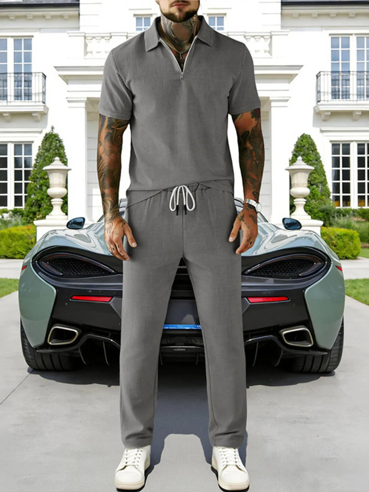 Men's Full Size Casual Zipper Polo Shirt and Drawstring Pants Set Plus Size by Trendsi
