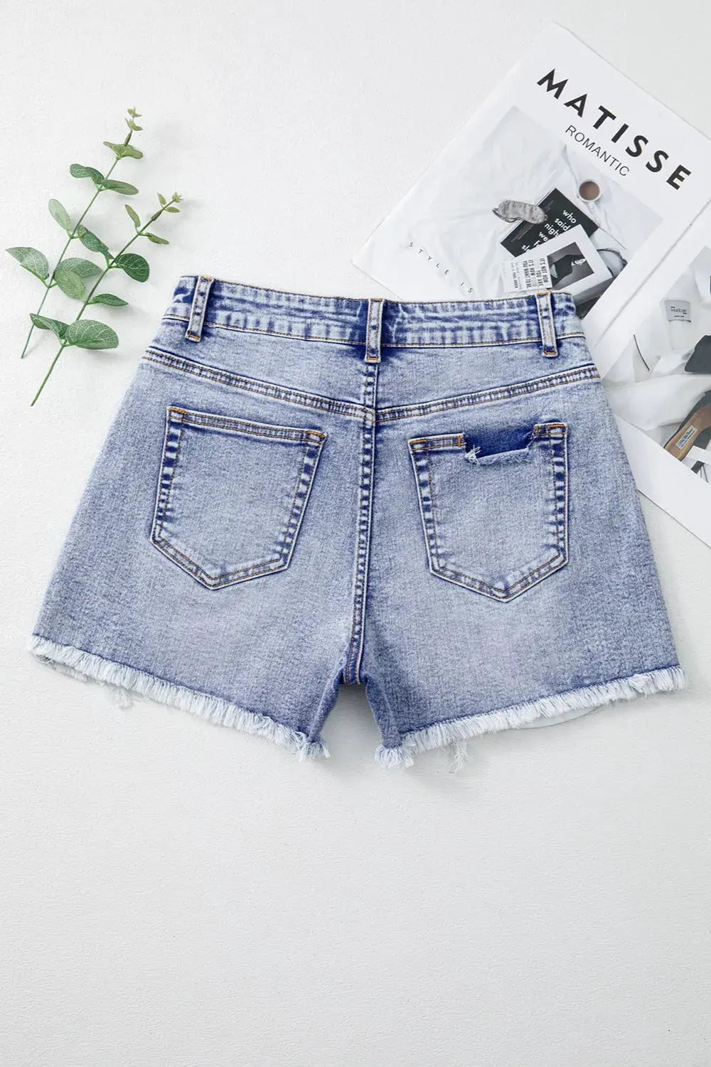 Pearl Studded Pockets Raw Hem Denim Shorts by Partner Label