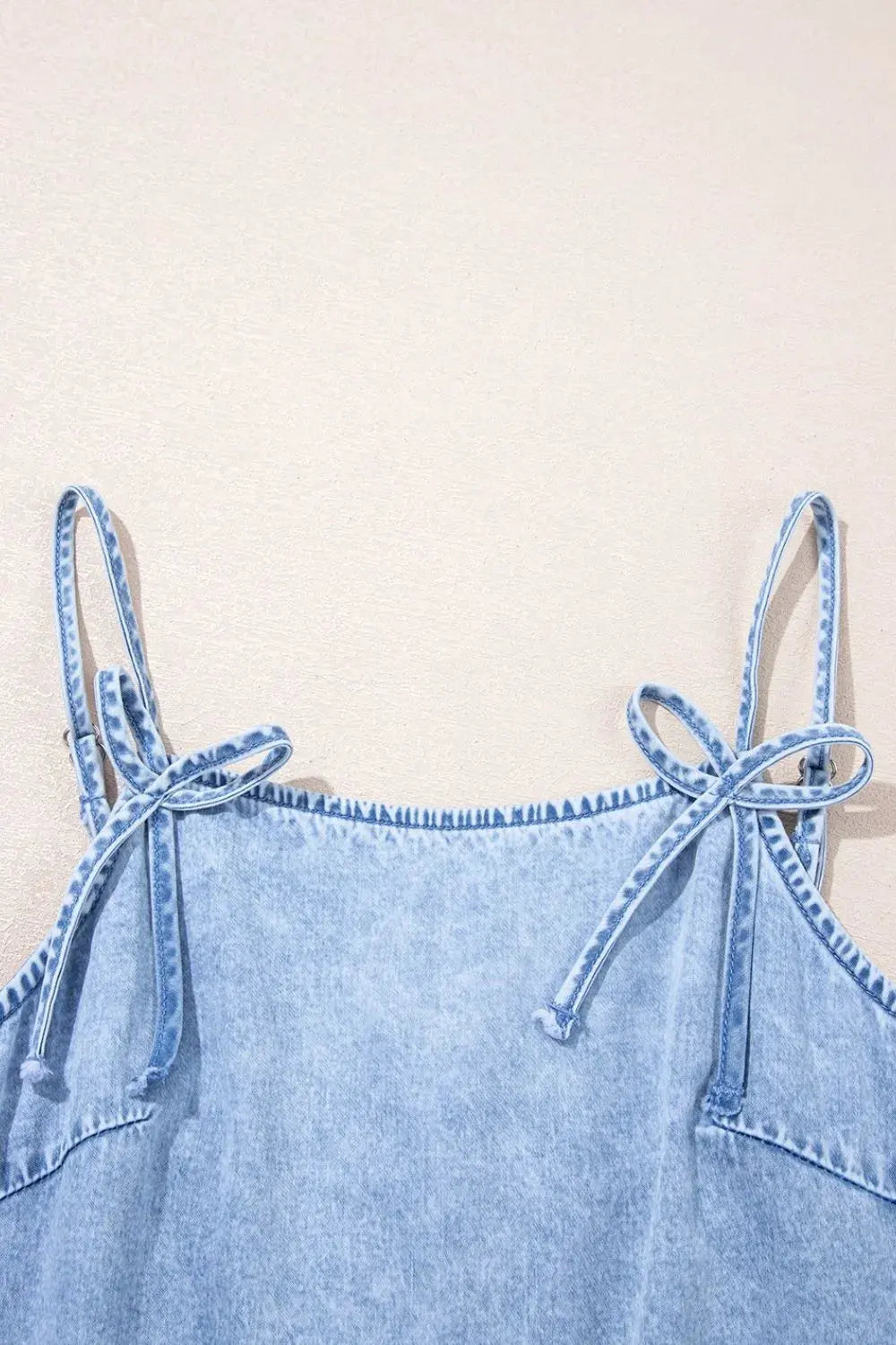 Bow Detail Spaghetti Straps Ruffle Hem Denim Dress by Partner Label