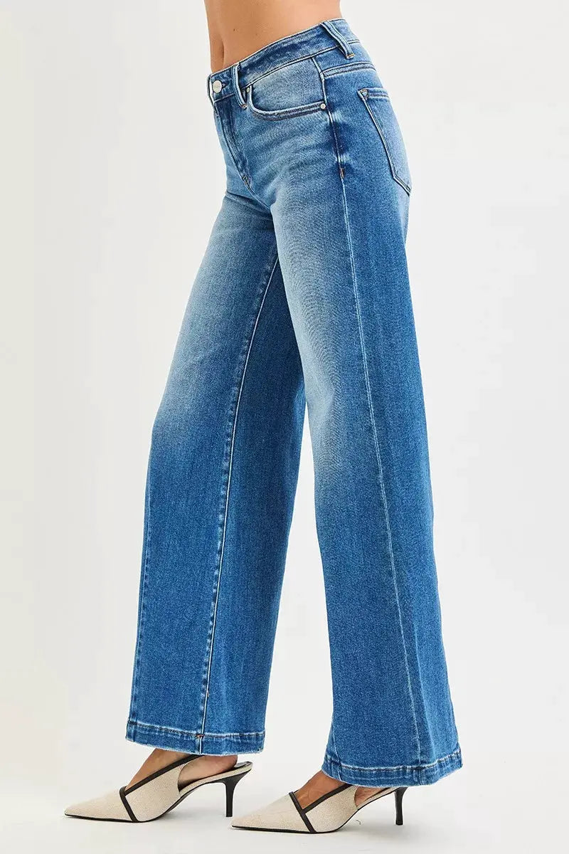 RISEN Full Size Mid Rise Wide Leg Jeans with Flared Look Plus Size by RISEN