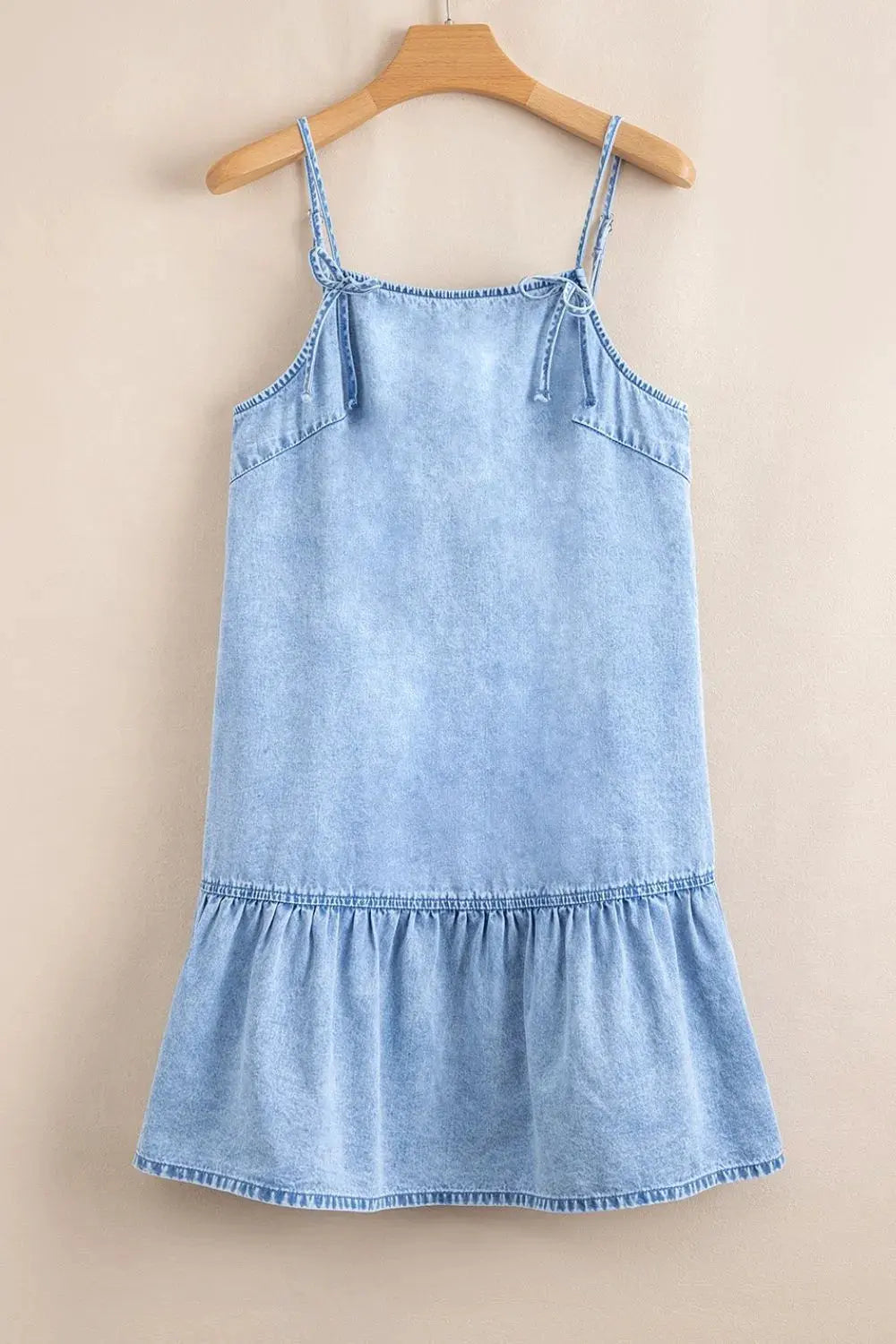 Bow Detail Spaghetti Straps Ruffle Hem Denim Dress by Partner Label