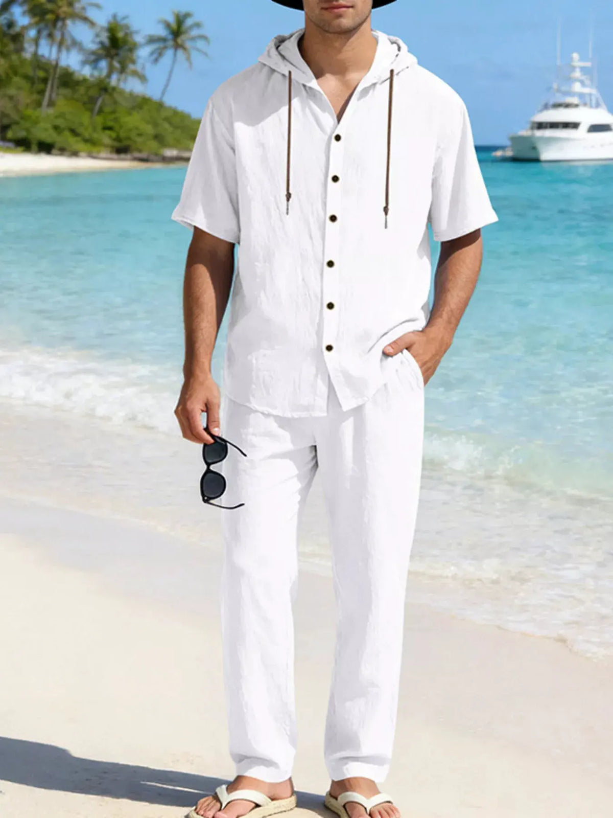 Men's Full Size Button Up Hooded Top and Pants Set Plus Size by Trendsi