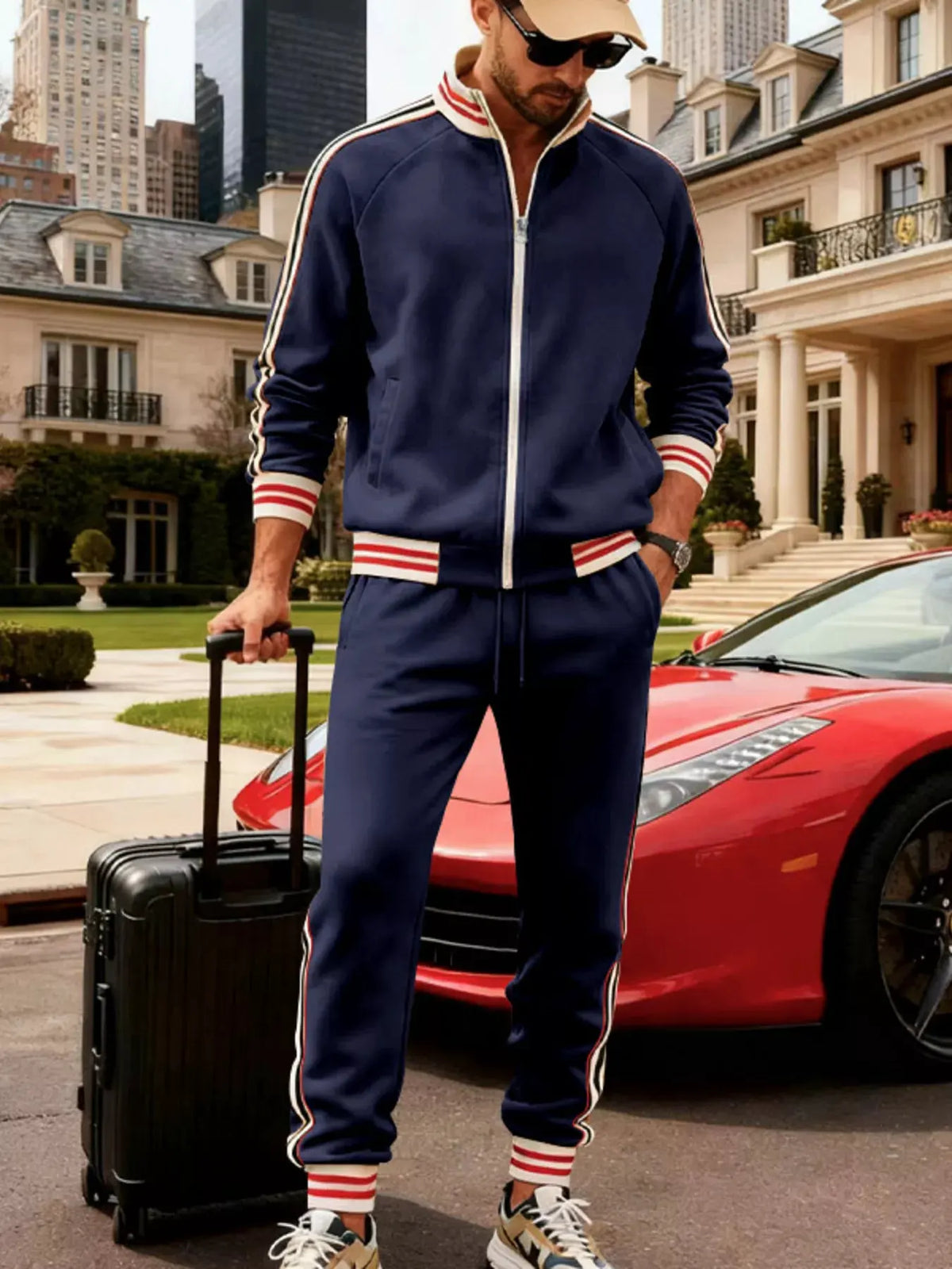 Men's Full Size Striped Zip Up Outerwear and Pants Plus Size by Partner Label