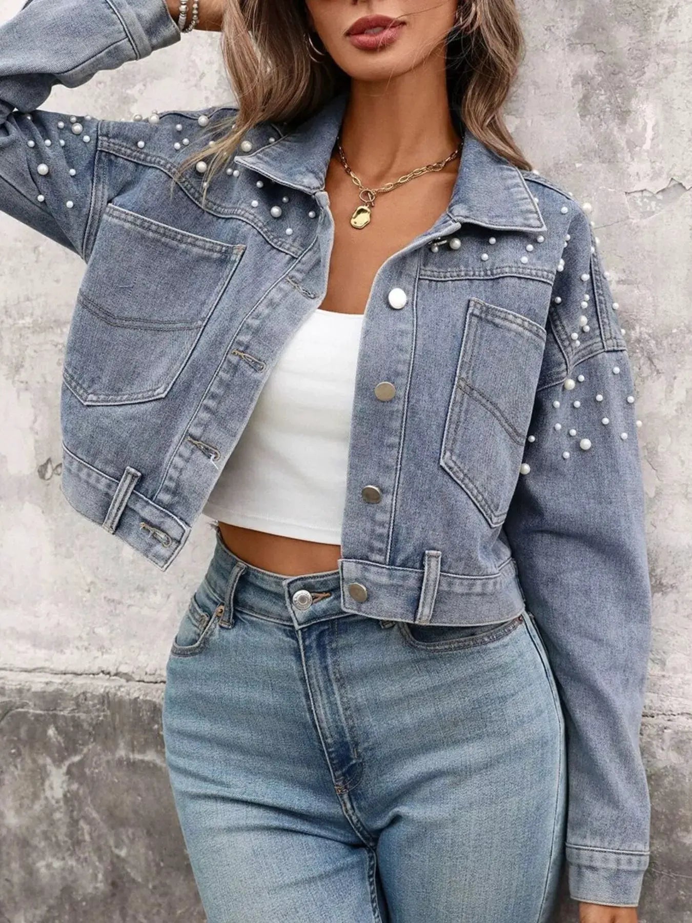 Pearl Embellished Cropped Denim Jacket by Partner Label