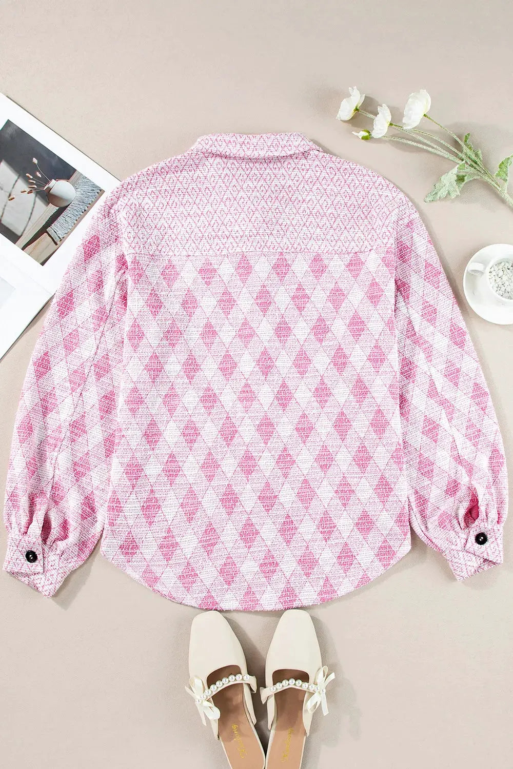 Geometric Print Textured Flap Pocket Shacket by Partner Label
