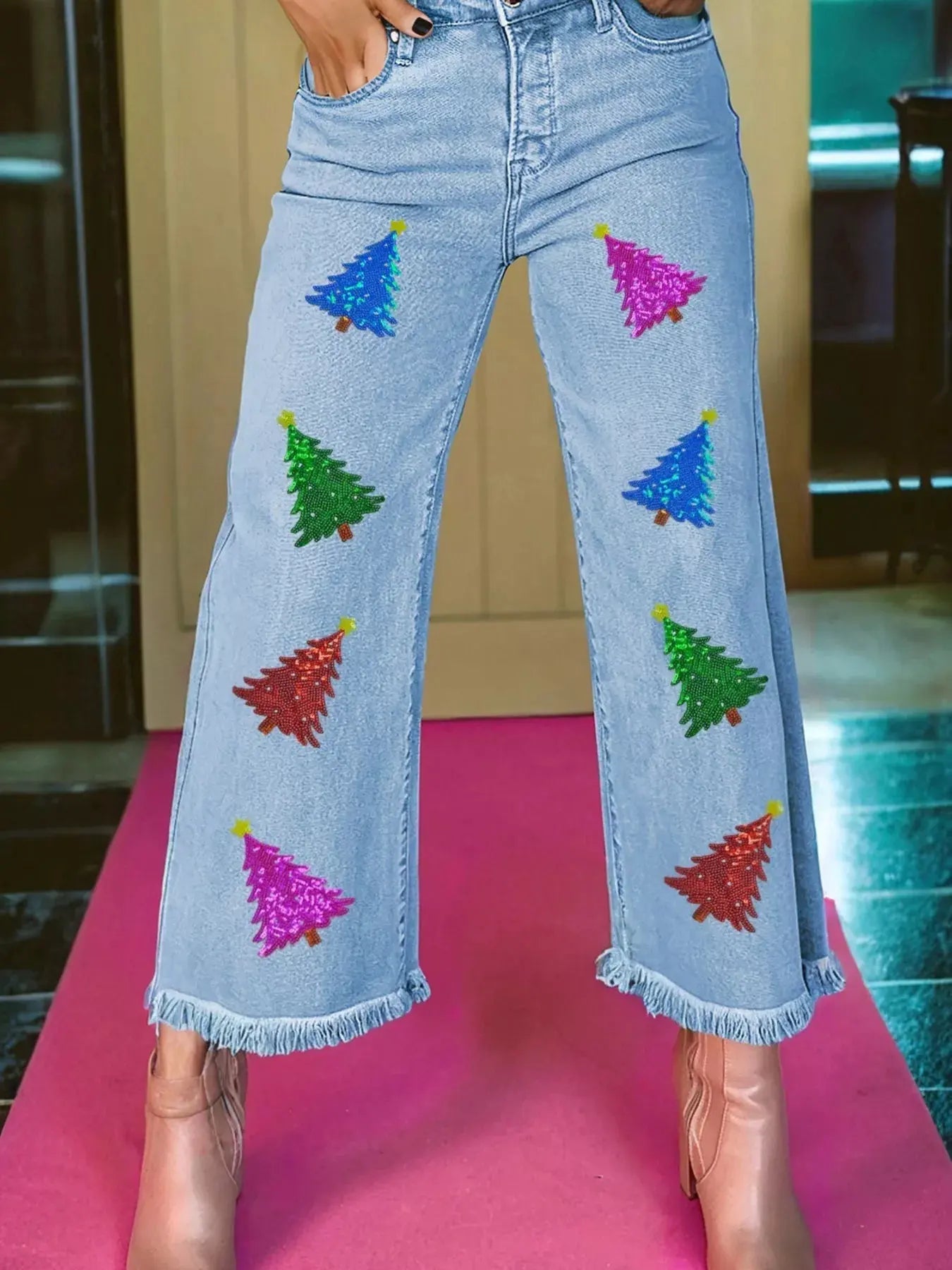Colorful Sequin Christmas Tree Patched Raw Hem Cropped Wide Leg Jeans by Partner Label