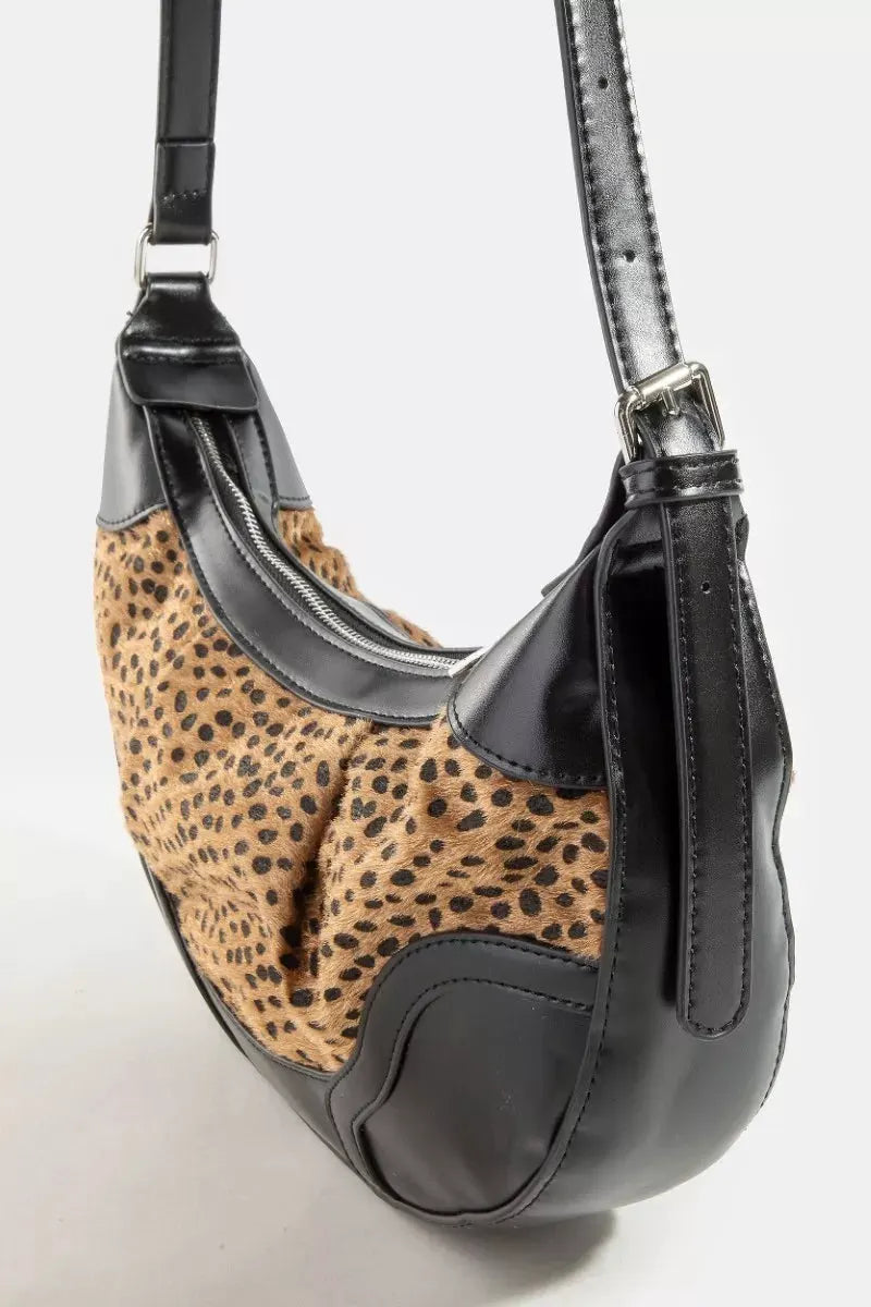 Fame Dark Spotted Leopard Print Half Moon Shoulder Bag by Fame