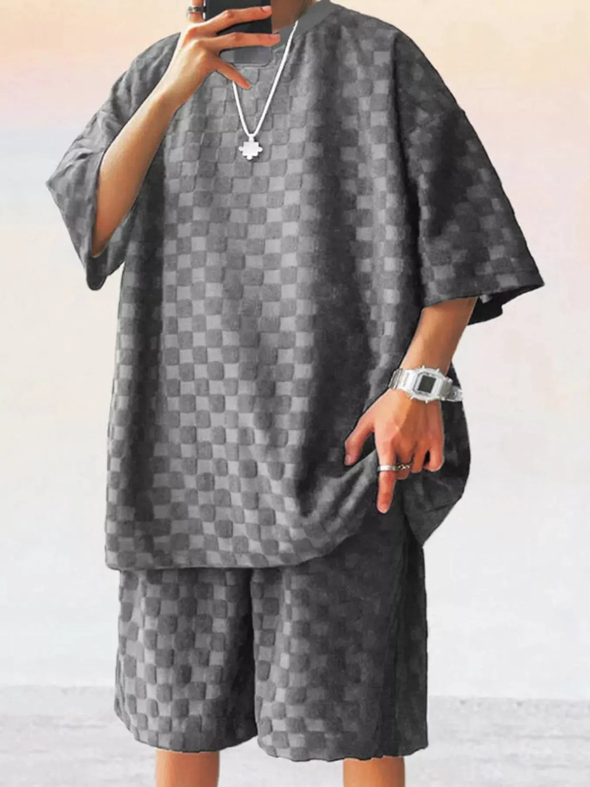 Men's Full Size Textured Short Sleeve Tee and Shorts Casual Set Plus Size by Trendsi