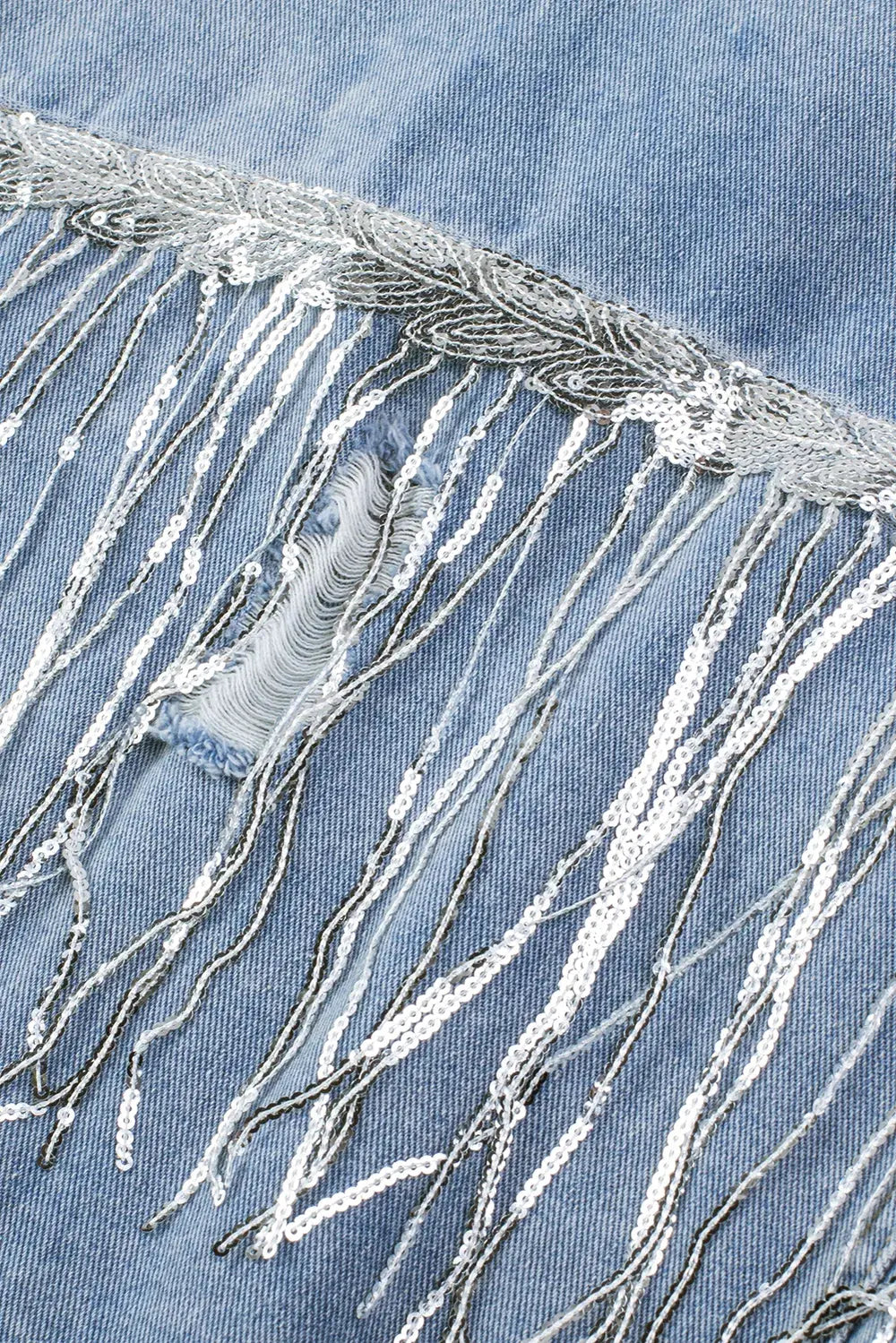 Sequin Fringe Trim Distressed Button Up Denim Jacket by Partner Label