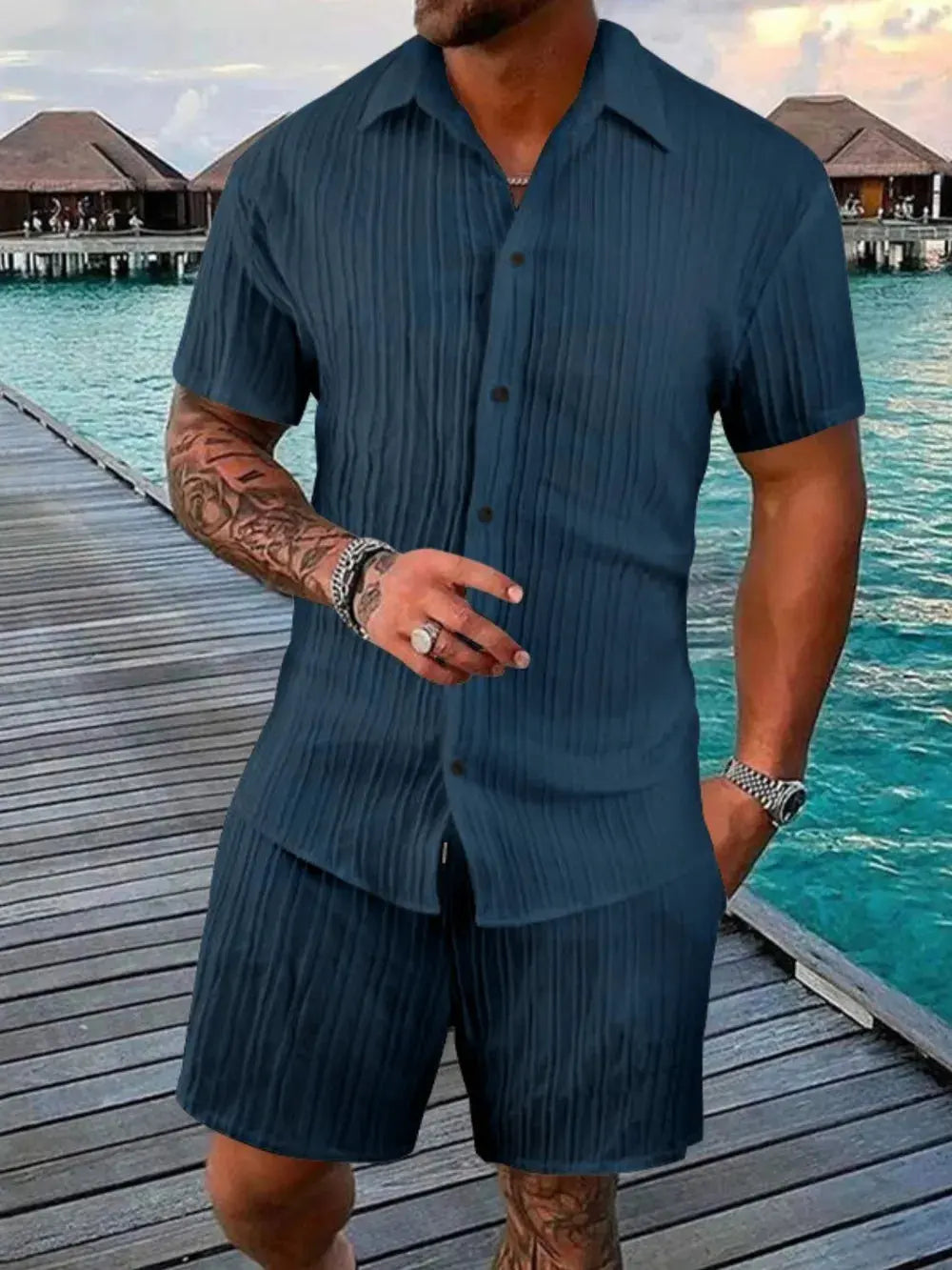 Men's Full Size Button Down Short Sleeve Shirt and Shorts Set Plus Size by Trendsi