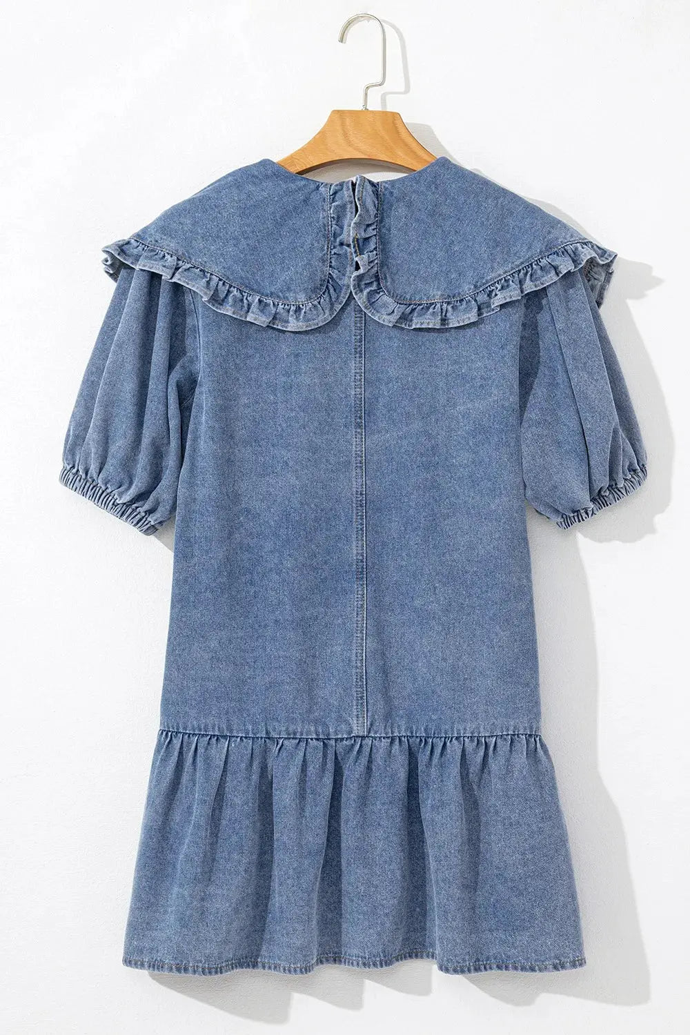 Ruffled Side Pockets Puff Sleeve Denim Mini Dress by Partner Label