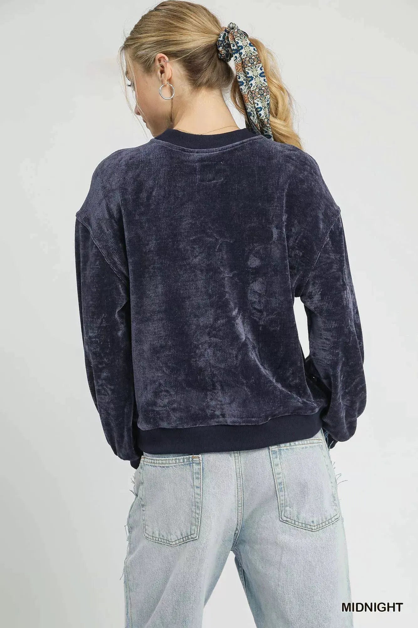 Umgee Velour Crewneck Balloon Sleeve Sweatshirt by Umgee