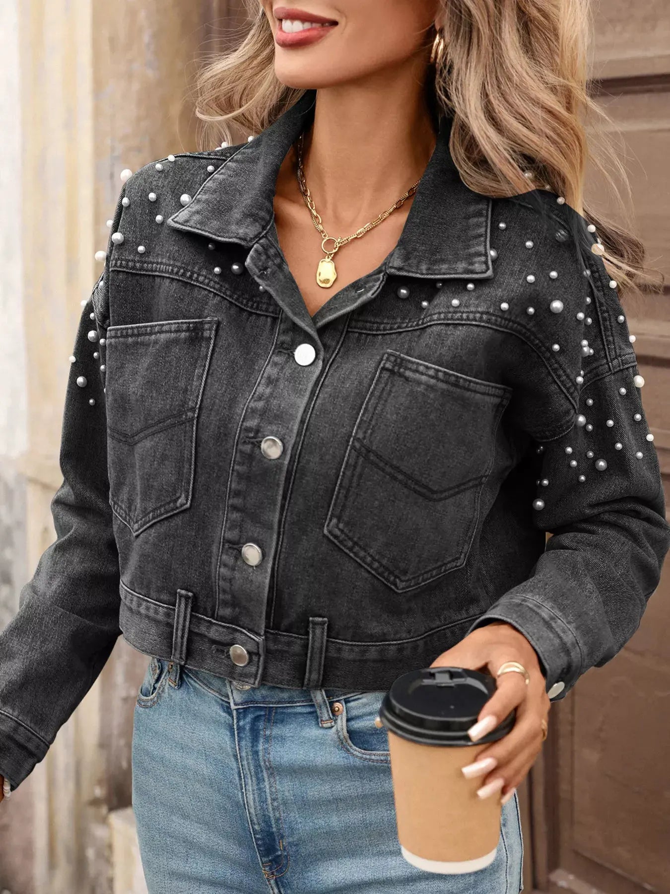 Pearl Embellished Cropped Denim Jacket by Partner Label
