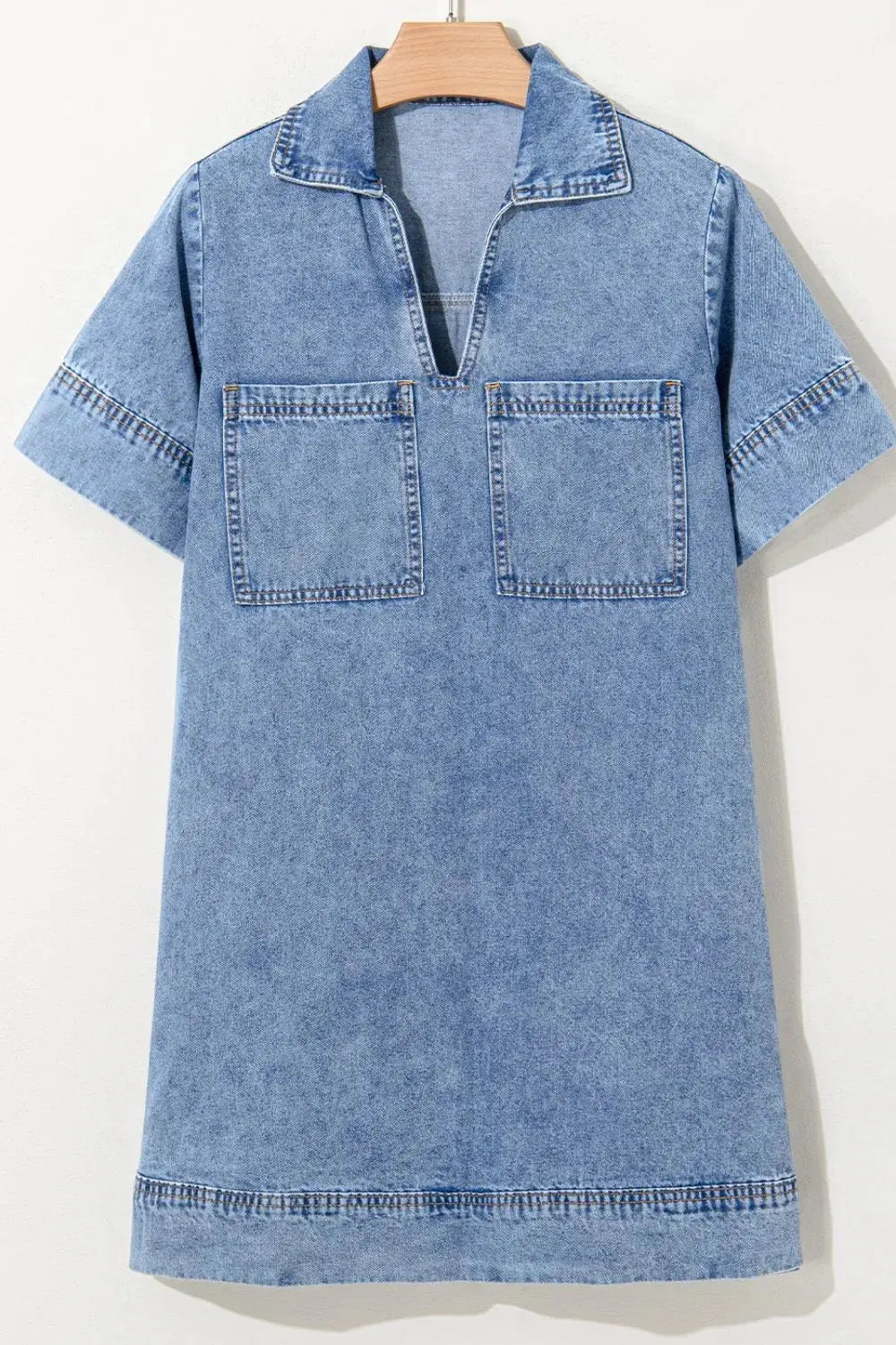 Short Sleeve Collared Patched Pocket Denim Mini Dress by Partner Label