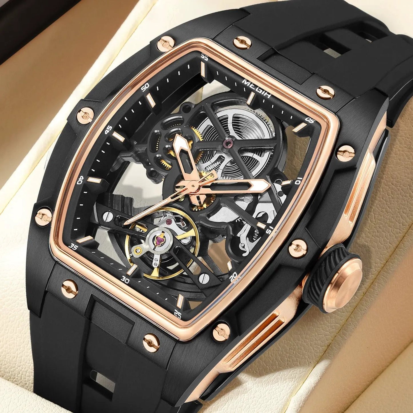 MEGIR Original Fashion Men Watches Automatic Mechanical Watch Steel Case Sport Skeleton Dial Wristwatch Waterproof Clock Reloj Hombre 2242 by MEGIR WATCH GROUP