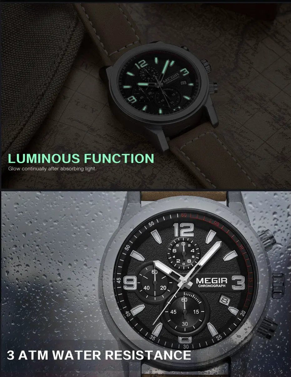 MEGIR Luxury Chronograph Men's Sport Watches Leather Strap Quartz Wristwatch Luminous Casual Male Clock Relogio Masculino 2026 by MEGIR WATCH GROUP