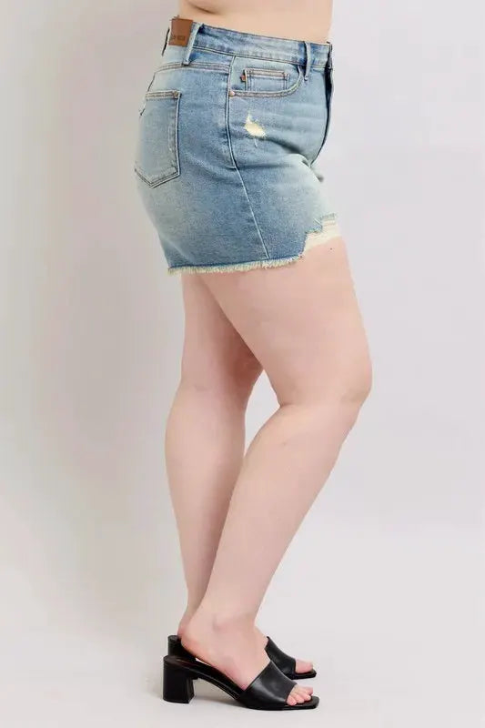 Judy Blue Plus Size High Rise Washed Fly Stitch Detail and Destroy Denim Shorts by Judy Blue