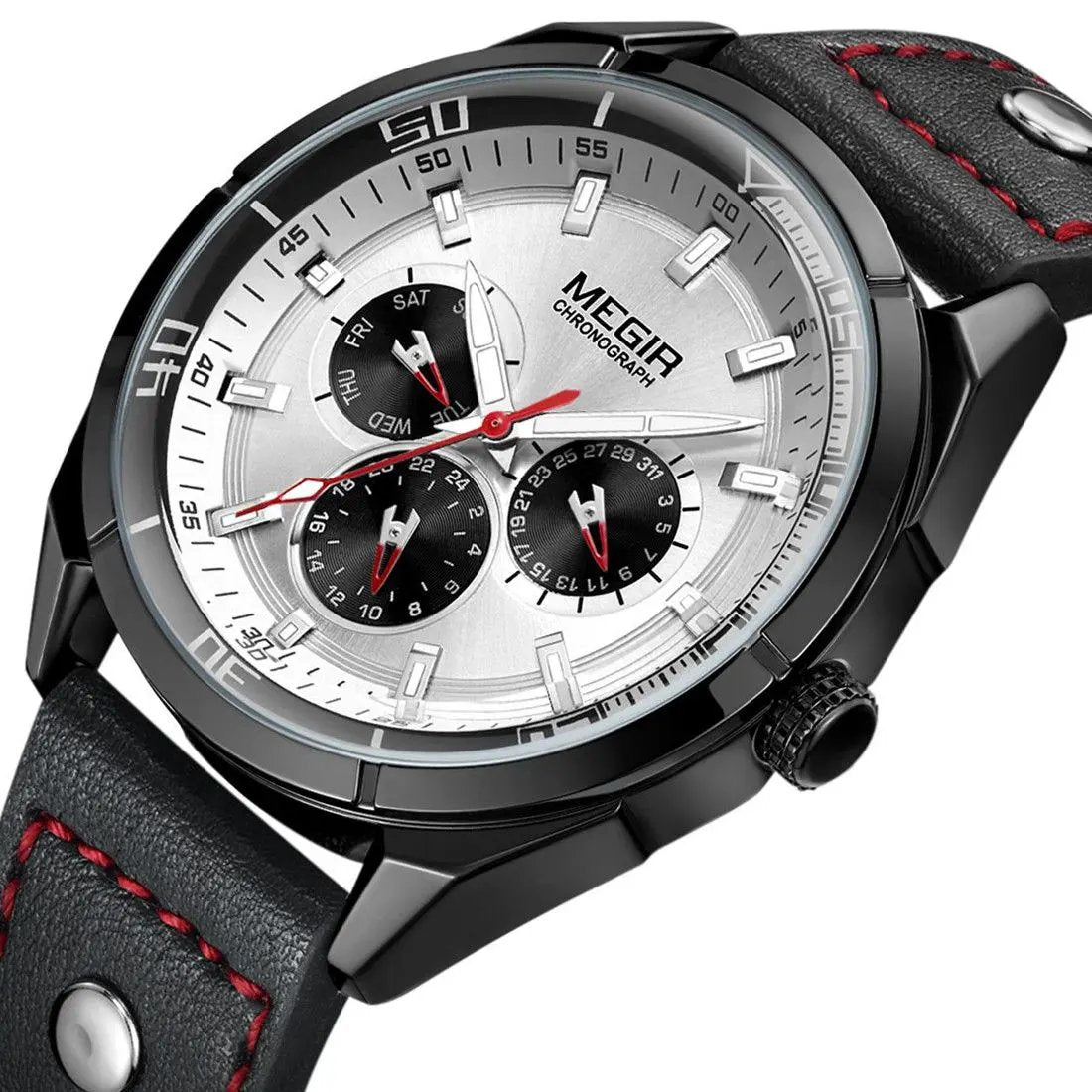 MEGIR Fashion Quartz Chronograph Watch for Men Leather Strap Military Sport Wristwatch Waterproof 24-hour Week Date Clock 2072 by MEGIR WATCH GROUP