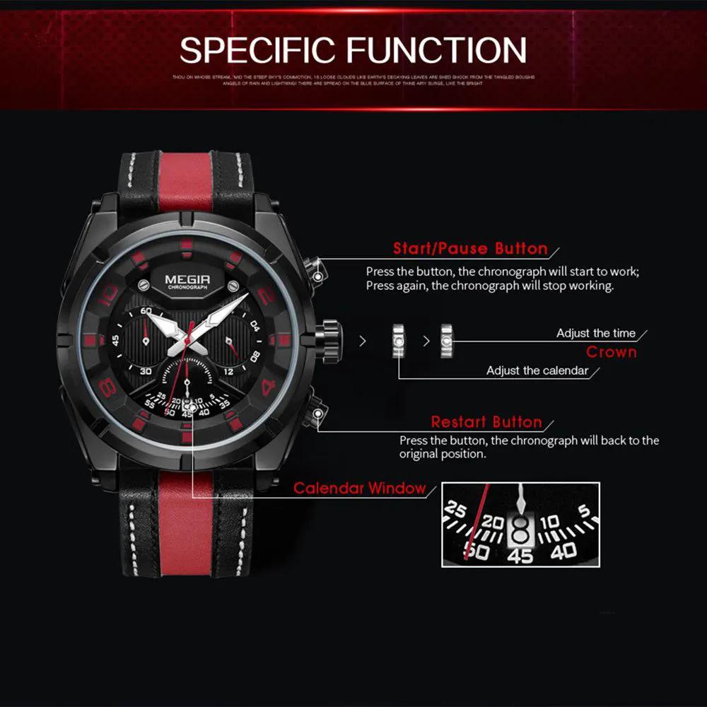 MEGIR Luxury Men's Quartz Wristwatch Leather Strap Sport Watches with Chronograph 24-hour Date Clock Relogio Masculino 2076 by MEGIR WATCH GROUP