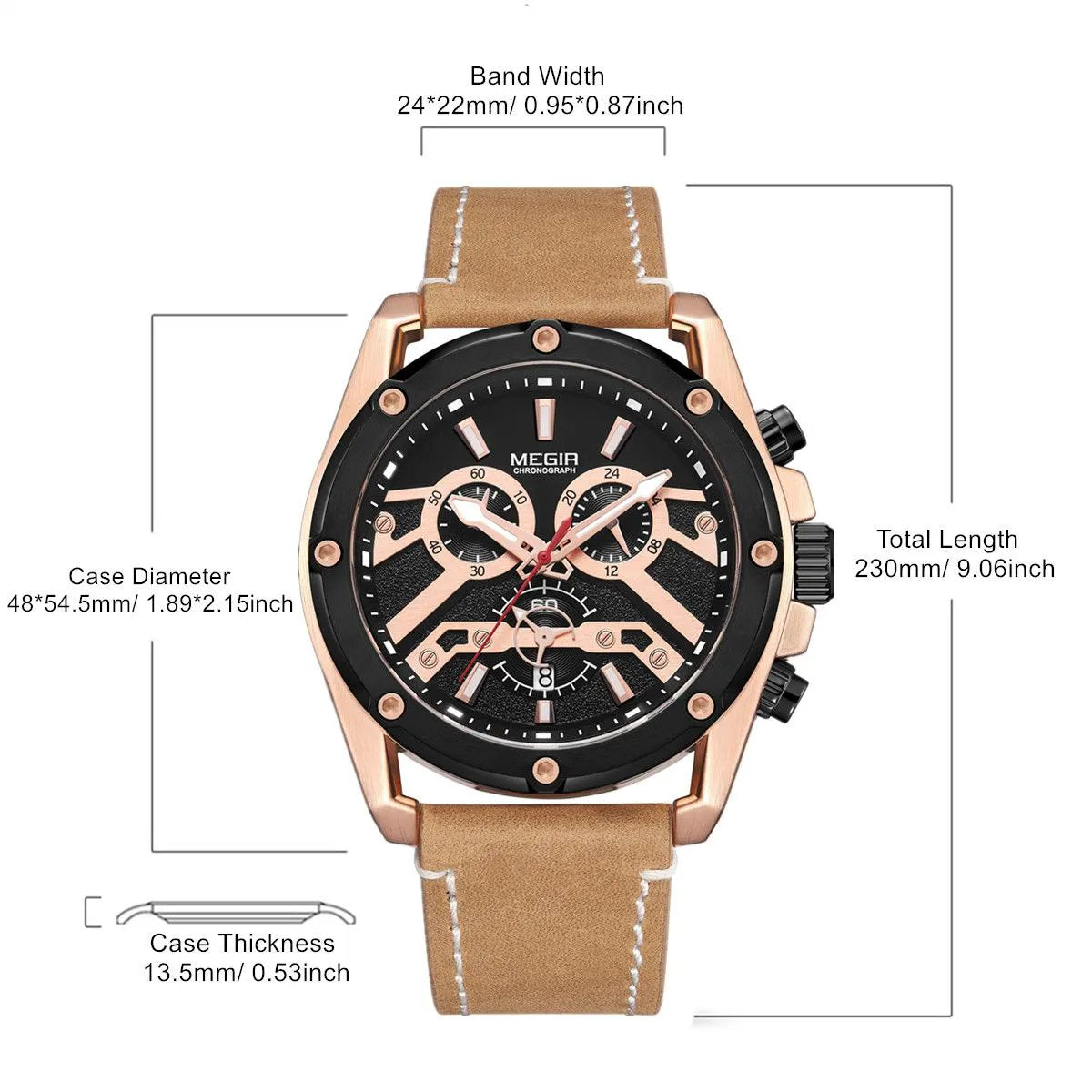 MEGIR Watches for Men Leather Strap Sport Wristwatch Male Clock Waterproof Luminous Quartz Chronograph 24-hour Reloj Hombre 2120 by MEGIR WATCH GROUP