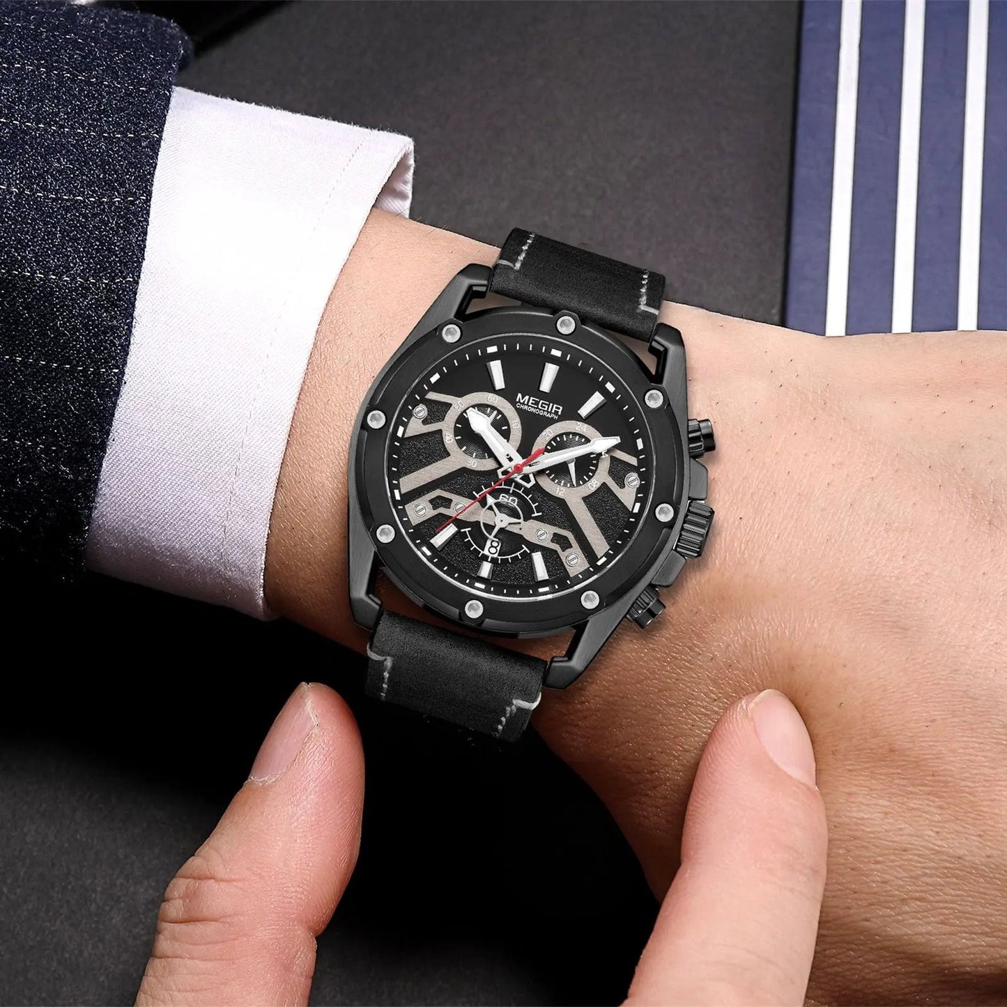 MEGIR Watches for Men Leather Strap Sport Wristwatch Male Clock Waterproof Luminous Quartz Chronograph 24-hour Reloj Hombre 2120 by MEGIR WATCH GROUP