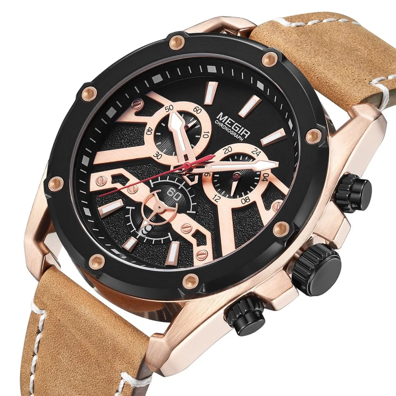 MEGIR Watches for Men Leather Strap Sport Wristwatch Male Clock Waterproof Luminous Quartz Chronograph 24-hour Reloj Hombre 2120 by MEGIR WATCH GROUP