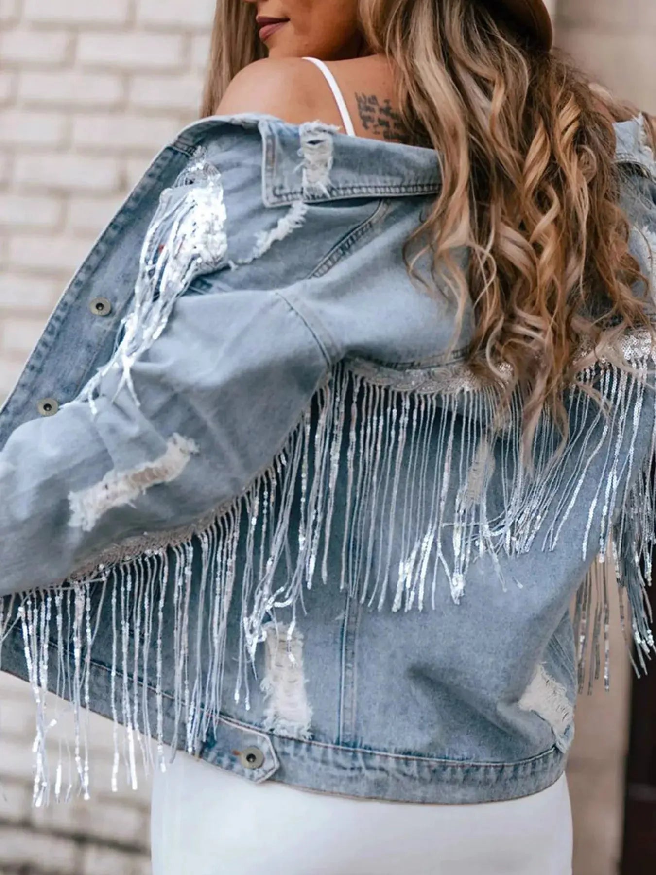 Fringed Sequin Embellished Denim Jacket by Partner Label