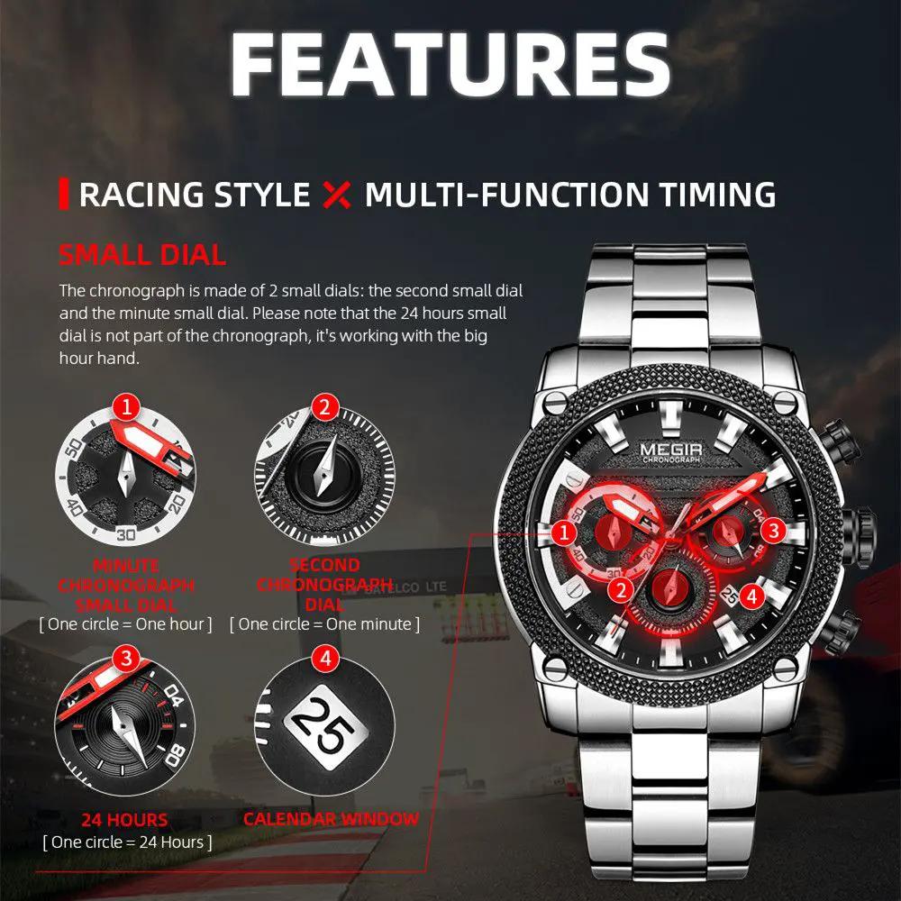 MEGIR Mens Watches Top Brand Luxury Business Wristwatch Waterproof Calendar Quartz Casual Clock Stainless Steel Man Chronograph 2134 by MEGIR WATCH GROUP