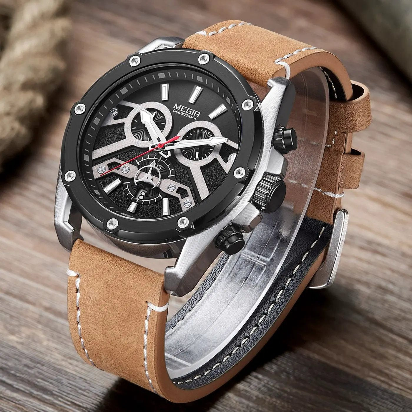 MEGIR Watches for Men Leather Strap Sport Wristwatch Male Clock Waterproof Luminous Quartz Chronograph 24-hour Reloj Hombre 2120 by MEGIR WATCH GROUP