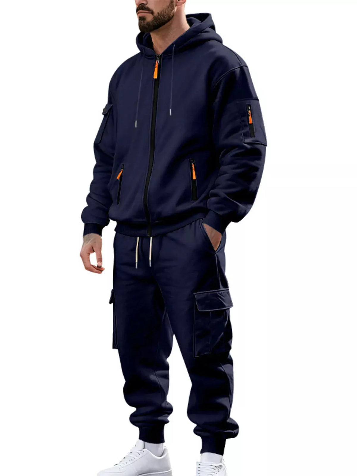 Men's Plus Size Casual Zip-Up Hoodie and Cargo Pants Set by Partner Label