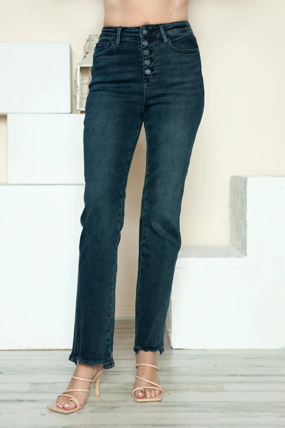 Judy Blue Full Size Button Fly Hem Destroy Straight Jeans by Judy Blue