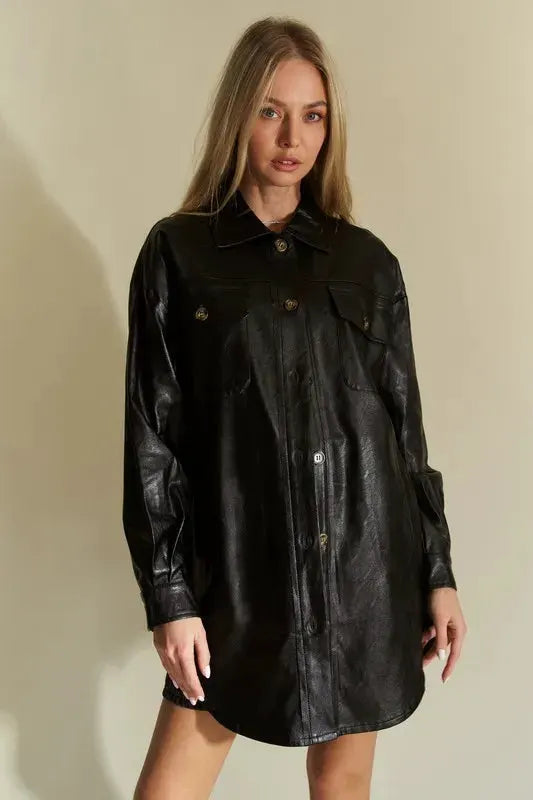Davi & Dani Faux Leather Button Up Jacket with Chest Pockets by Davi & Dani
