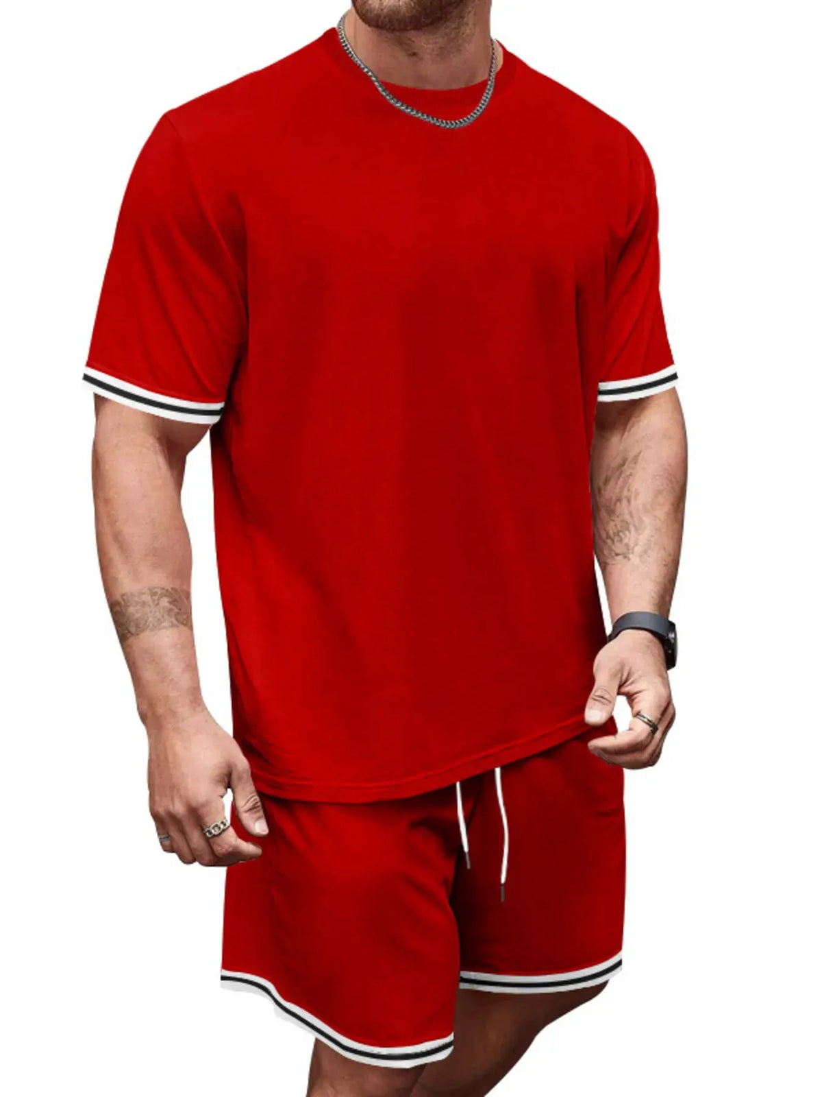 Men's Full Size Striped Short Sleeve Tee and Shorts Set Plus Size by Trendsi