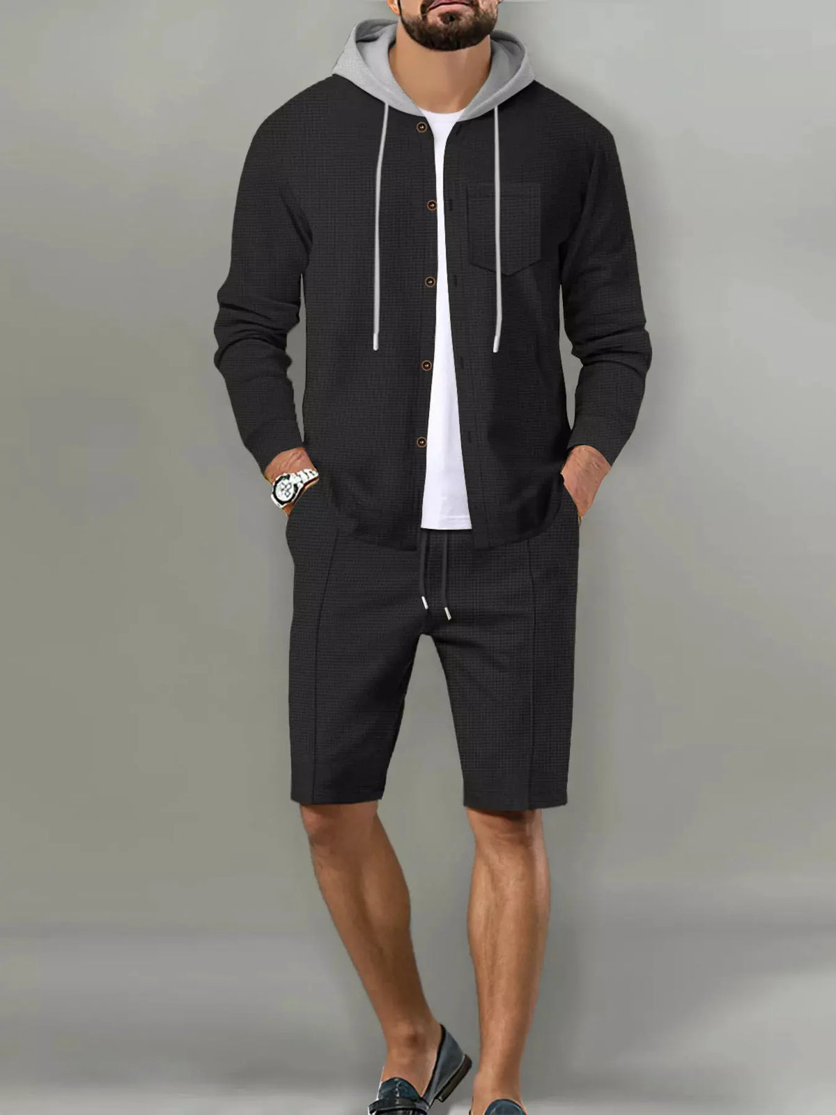 Men's Full Size Casual Hooded Button-Up Top and Shorts Set Plus Size by Trendsi