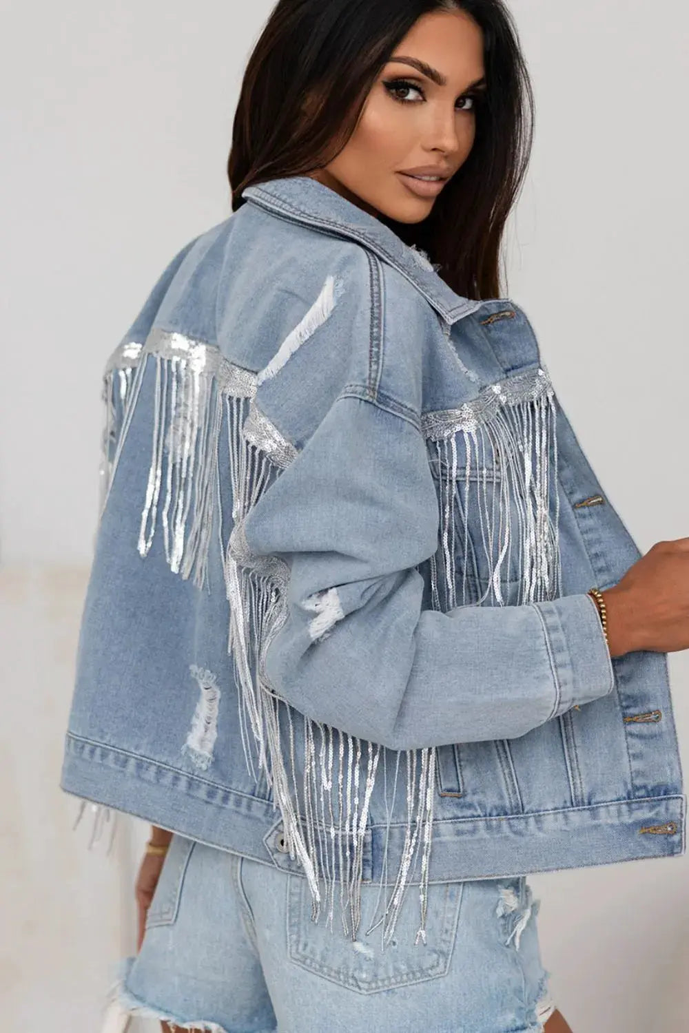 Sequin Fringe Trim Distressed Button Up Denim Jacket by Partner Label