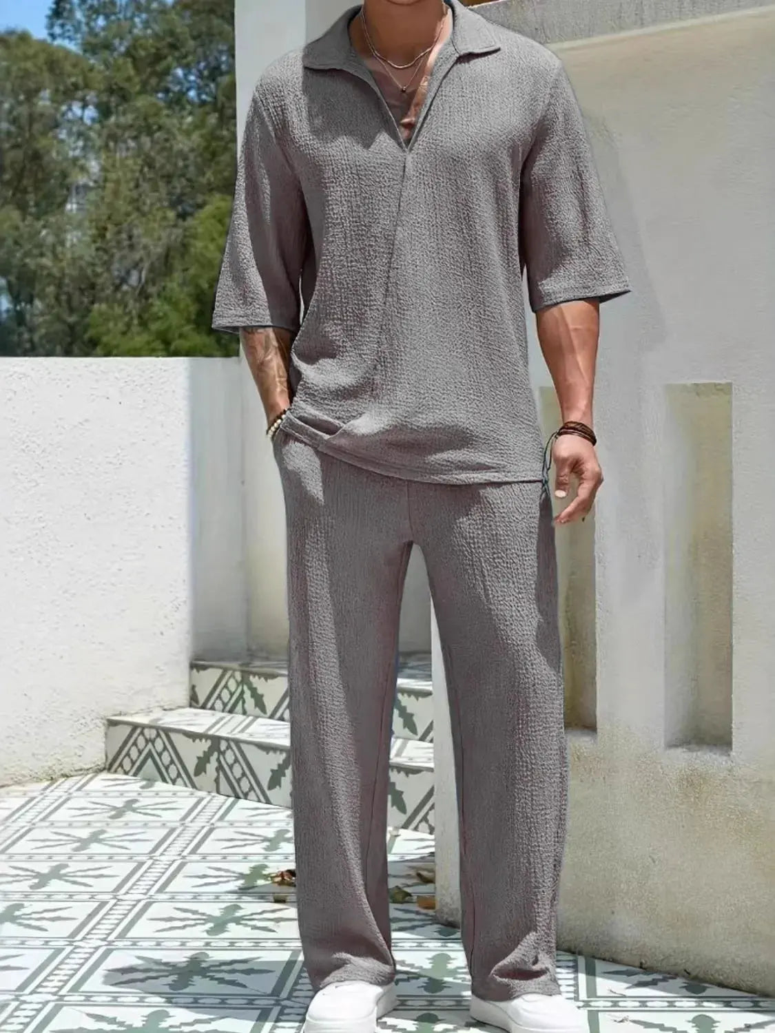 Men's Johnny Collar Half Sleeve Top and Pants Set by Oh